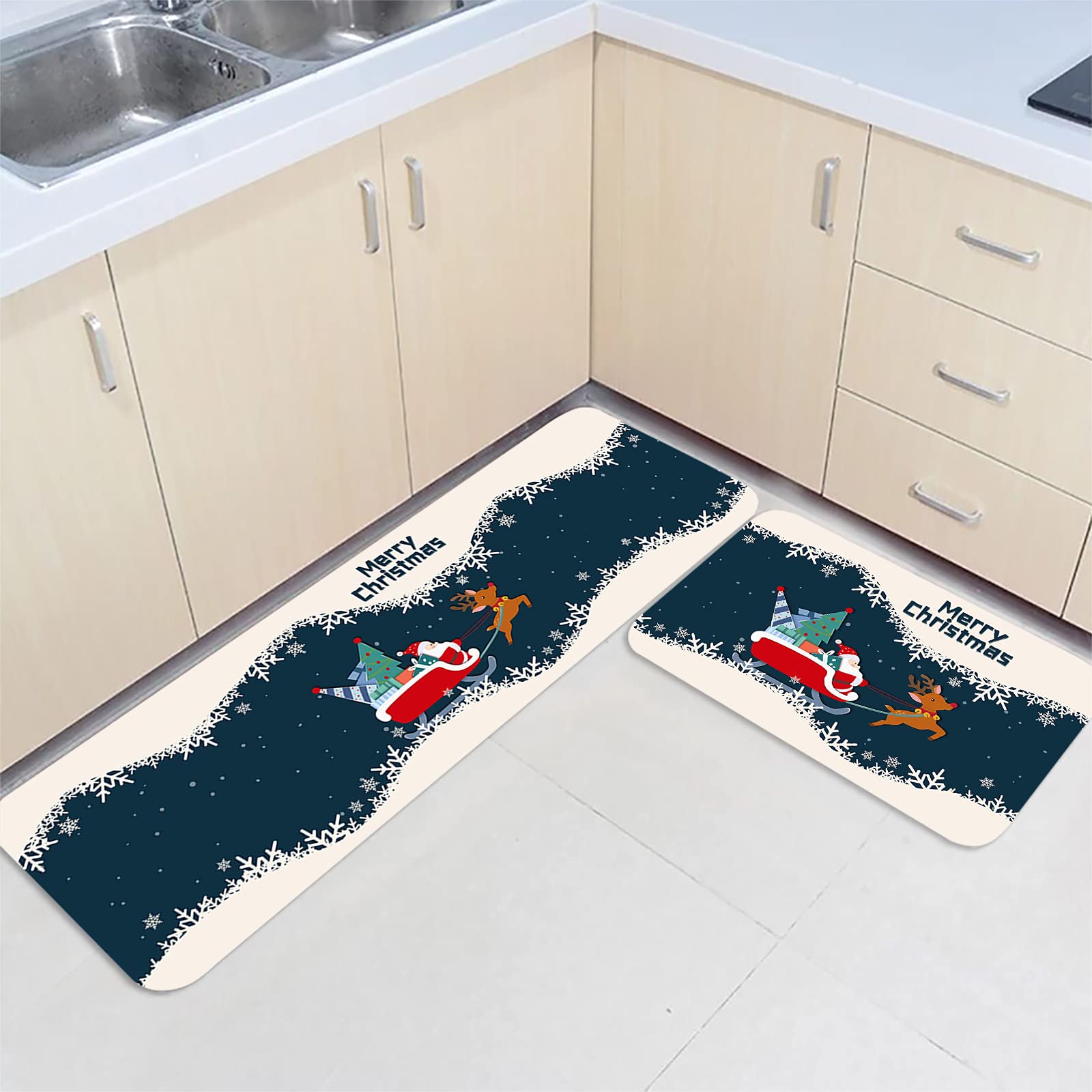 Merry Christmas Santa Claus Reindeer with Sled 2-Piece Non-Slip Kitchen Rug Set - Soft Standing Doormat & Winter Snowflake Bath Mats for Cozy Holiday Decor (Indoor/Outdoor Use)