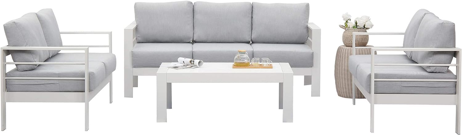 Modern Wisteria Lane Aluminum Outdoor Patio Furniture Set - 5-Piece Metal Sectional Sofa with Cushions & Coffee Table - Light Grey Balcony, Garden, Backyard Conversation Set for Relaxing & Entertaining