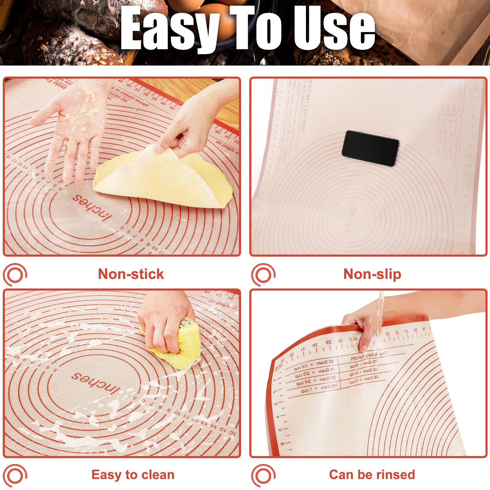 Non-Stick Silicone Baking Mat 36x24 Inch - Dough Rolling Mat, Pastry Board, Kneading Surface for Pie Crust, Fondant, Pasta & Pizza - Perfect for Home Bakers & Professional Kitchens