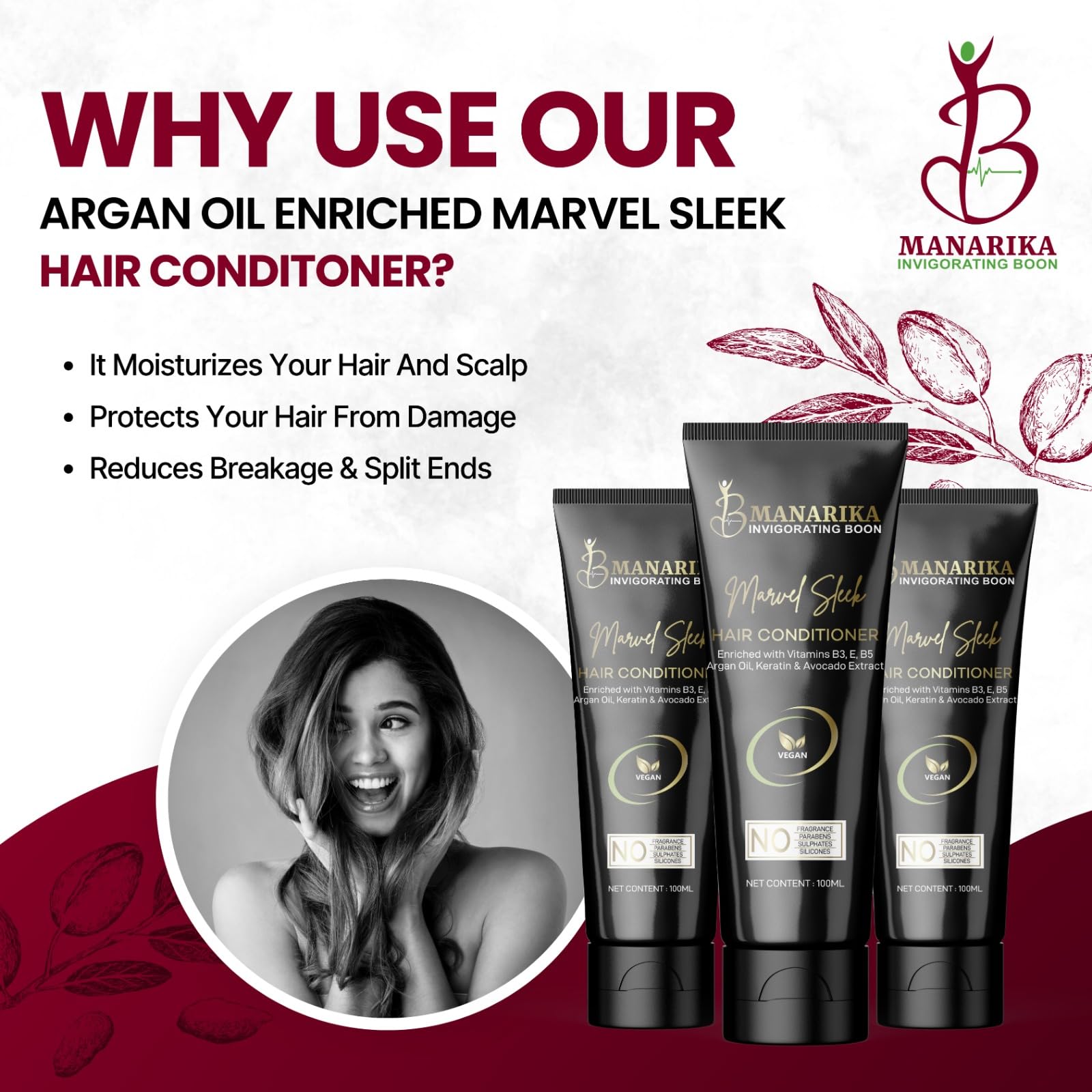MANARIKA Marvel Sleek Hair Conditioner with Keratin & Moroccan Argan Oil - Deep Nourishment for Damaged, Weak Hair | Frizz Control for Smoother, Shinier Hair | 150ml | Perfect for Daily Hair Care & Salon-Quality Results at Home