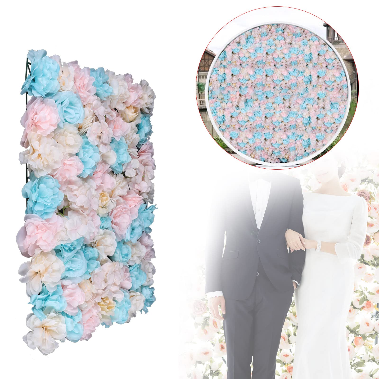 Gdrasuya10 Artificial Silk Flower Wall Panel - 12 Pack Wedding Backdrop for Photography, Room Decor, Hanging Baskets & Garden Arch (15.75x23.62x0.79 Inches, Blue & Pink) - Perfect for Weddings, Baby Showers & Home Decoration
