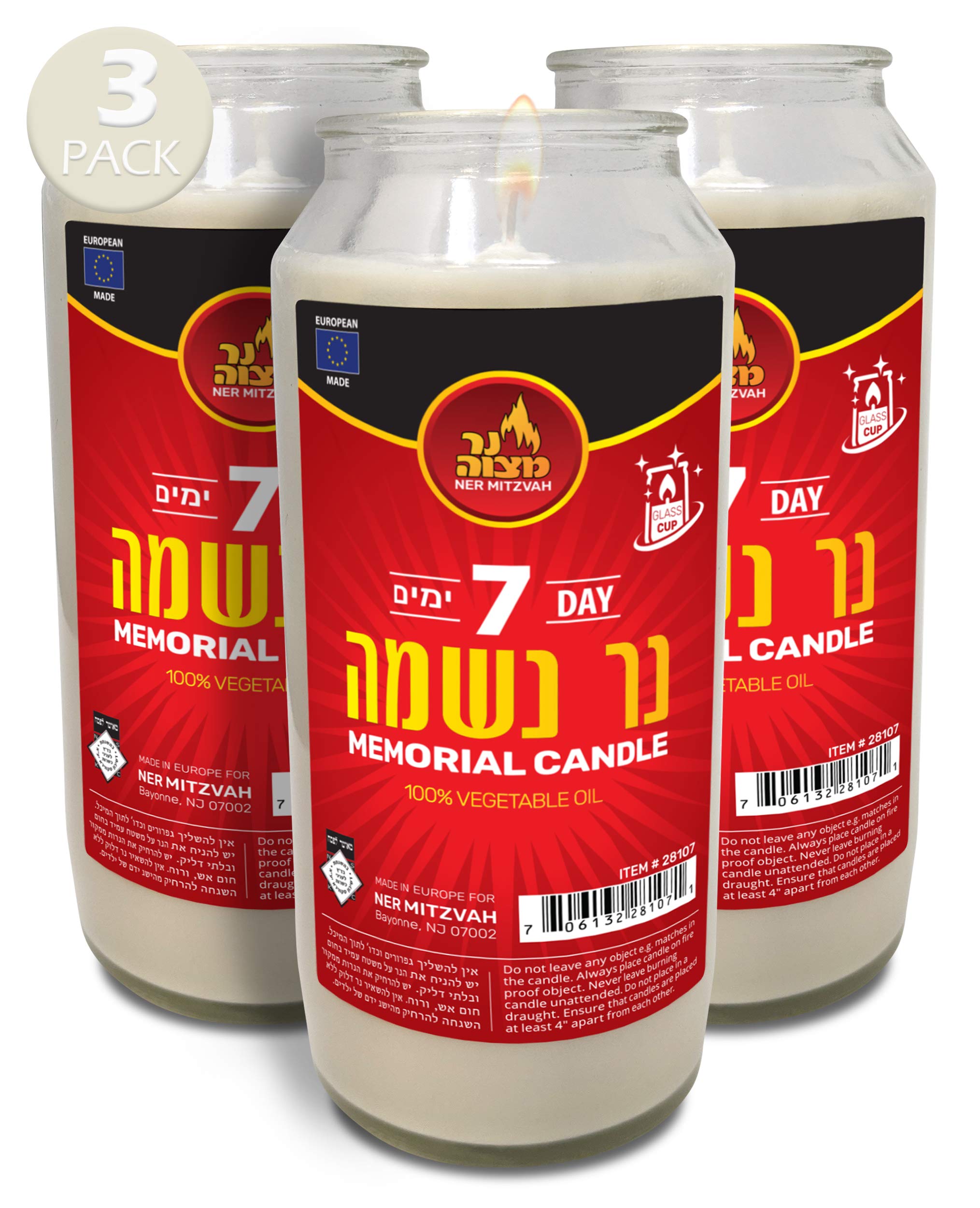 7 Day Yahrzeit Candle - Kosher White Memorial Candles (3-Pack) for Yom Kippur & Jewish Holidays - 100% Vegetable Wax Prayer Candle in Glass Jar - Perfect for Synagogue, Home Memorials & Religious Ceremonies