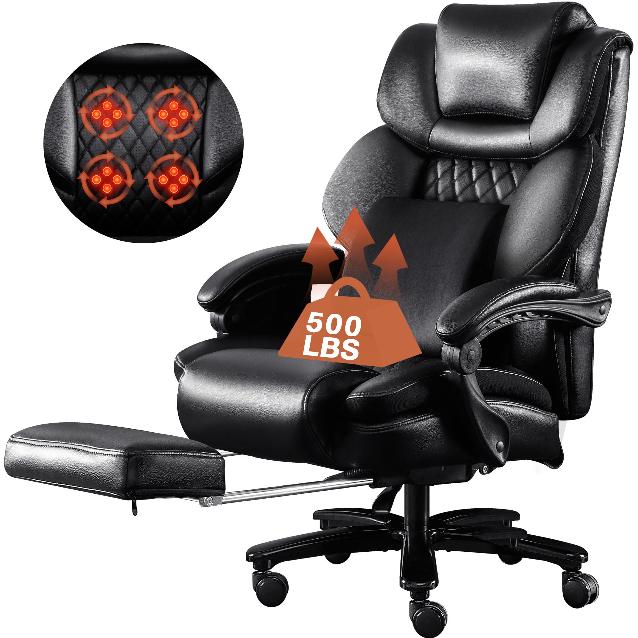 Big and Tall Executive Chair 500lbs Capacity - 3D Rolling Massage Lumbar Support, High Back Recliner with Footrest, Wide Breathable Seat - Office & Home Desk Chair for Large Men - Perfect for Long Work Hours & Gaming Sessions
