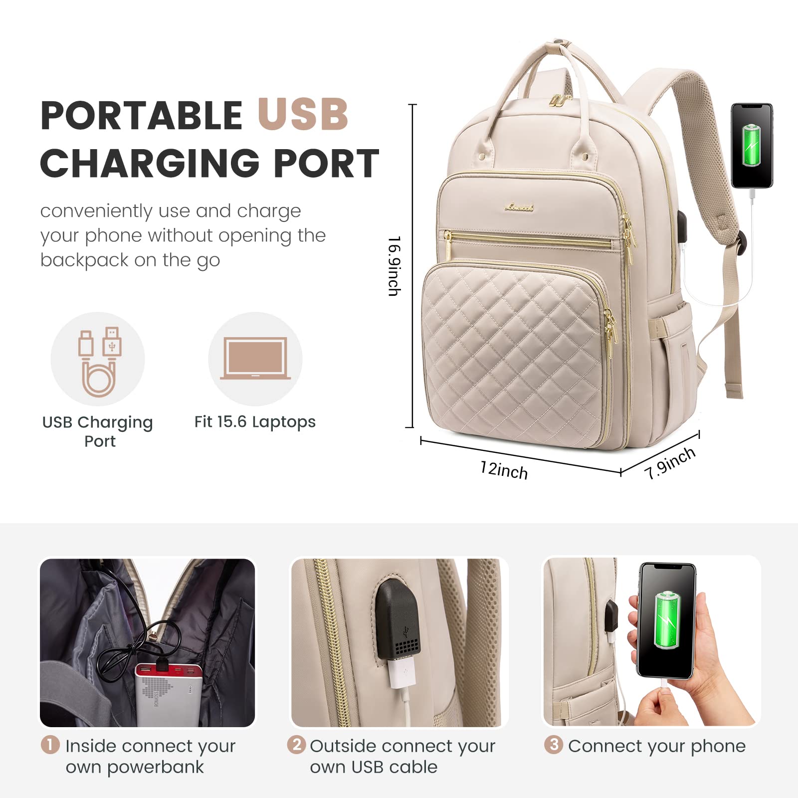 LOVEVOOK Women's 15.6 Inch Laptop Backpack with USB Charging Port - Lightweight Waterproof College Backpack for Work, Travel & University - Stylish Commuter Bag for Women (Beige) | Perfect for Business Trips, Daily Commute & School Use