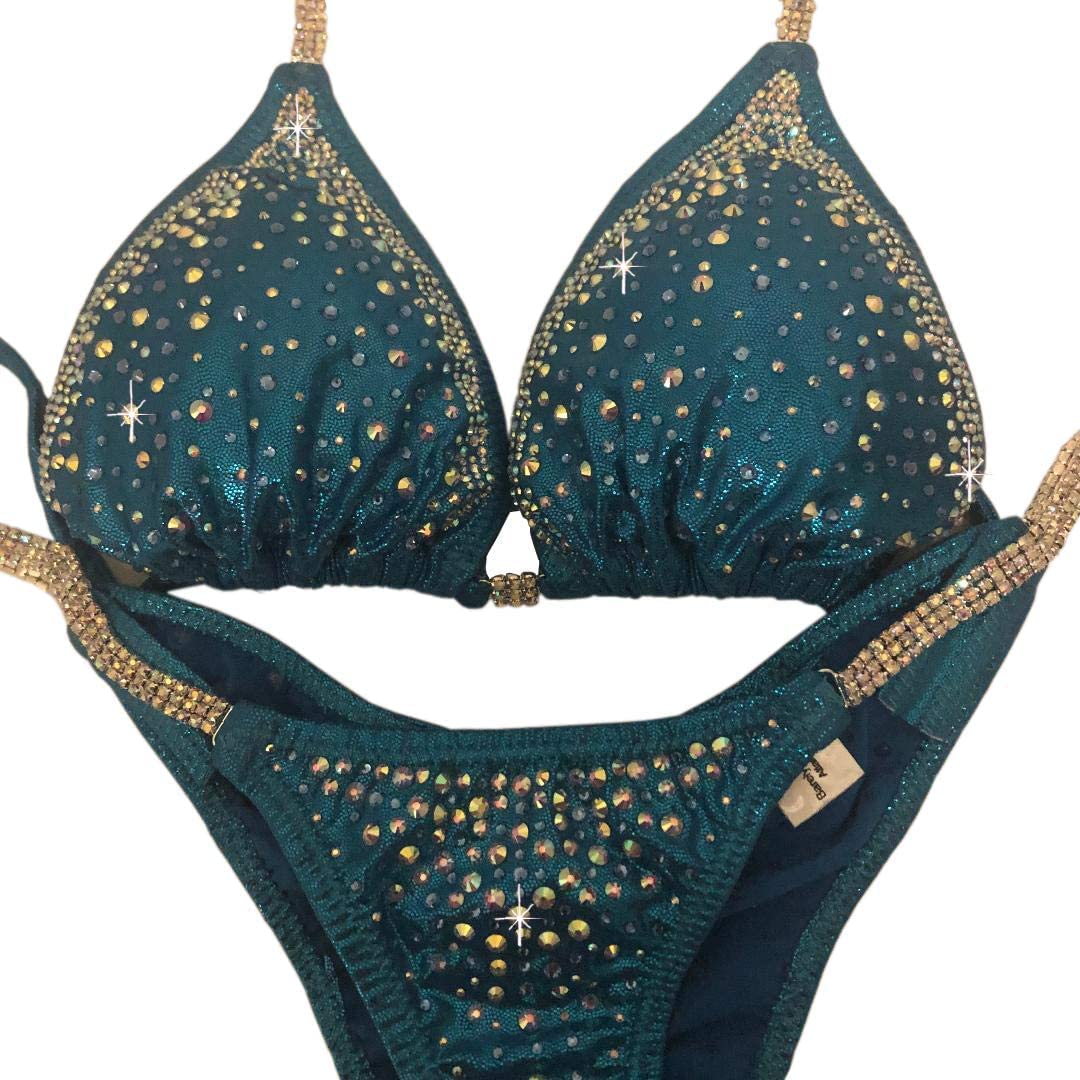 **Turquoise Blue Crystal Bikini Set - Rhinestone Clustered NPC Competition Bikini (Medium HIPS 34.5