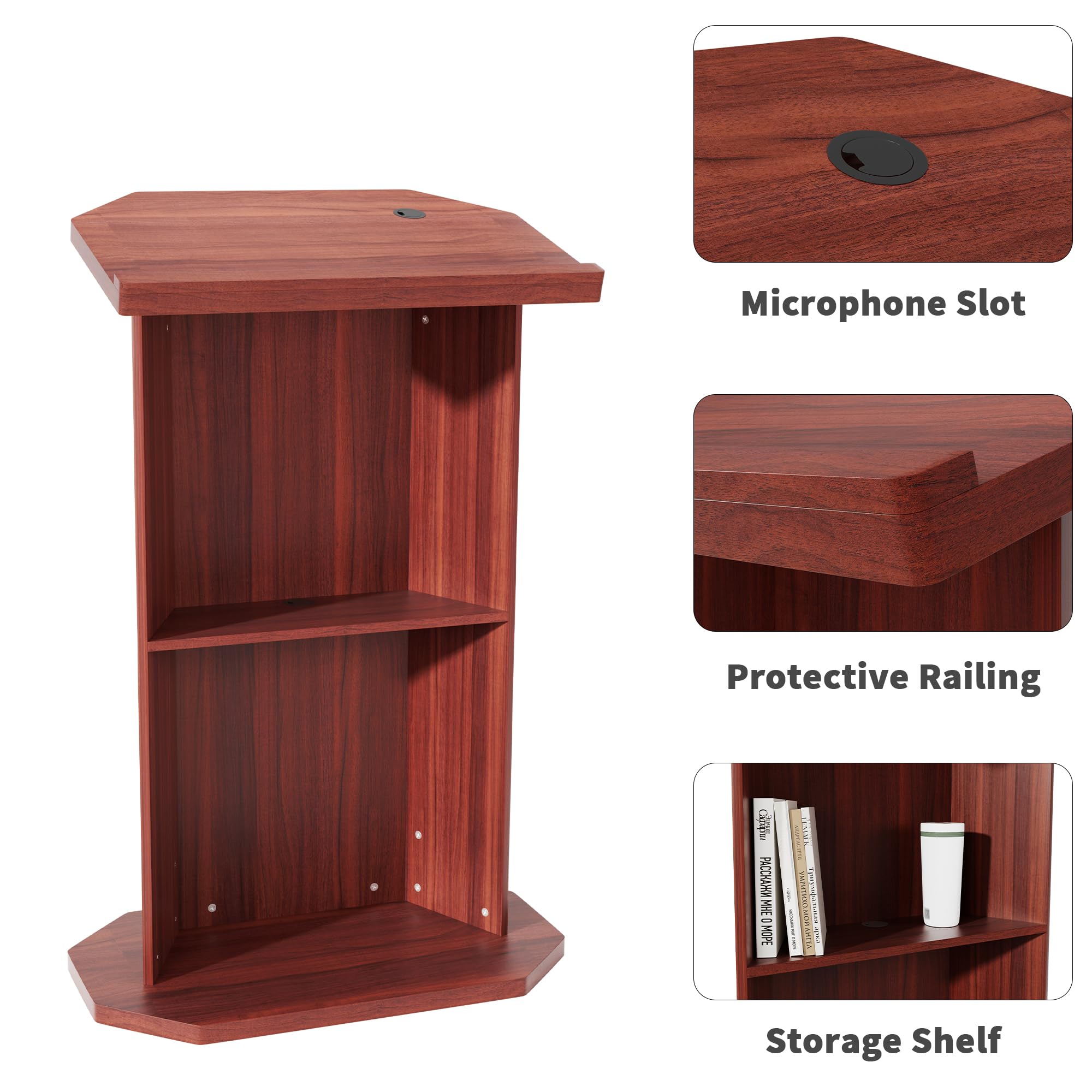 Wooden Podium Stand - 15MM Particle Board Lectern with Storage & Mic Stand Space - Easy Assembly for Restaurants, Churches, Seminars & Schools - Perfect for Public Speaking, Presentations & Events (Brown)