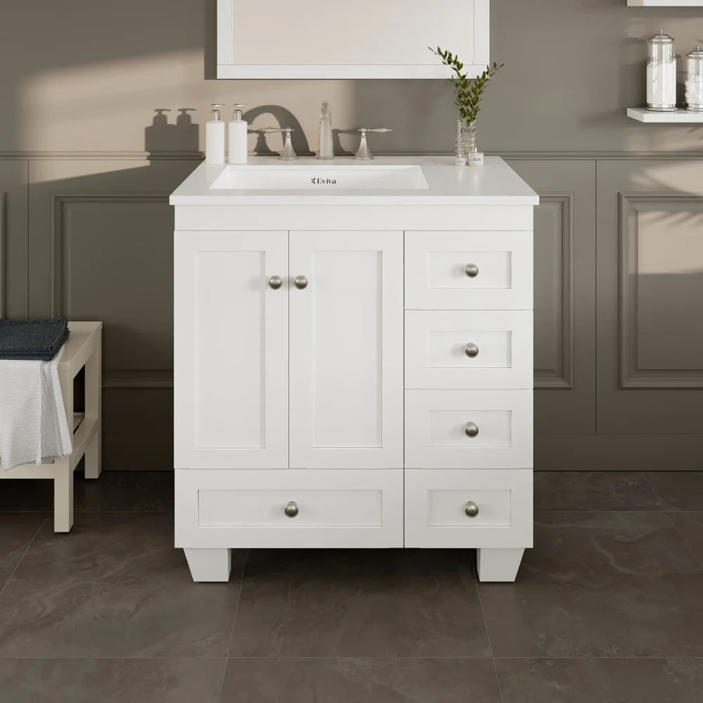 Eviva Acclaim 30 Inch Bathroom Vanity with Carrara Quartz Countertop - Modern White Bathroom Sink Cabinet for Small Spaces, Perfect for Powder Rooms and Guest Bathrooms
