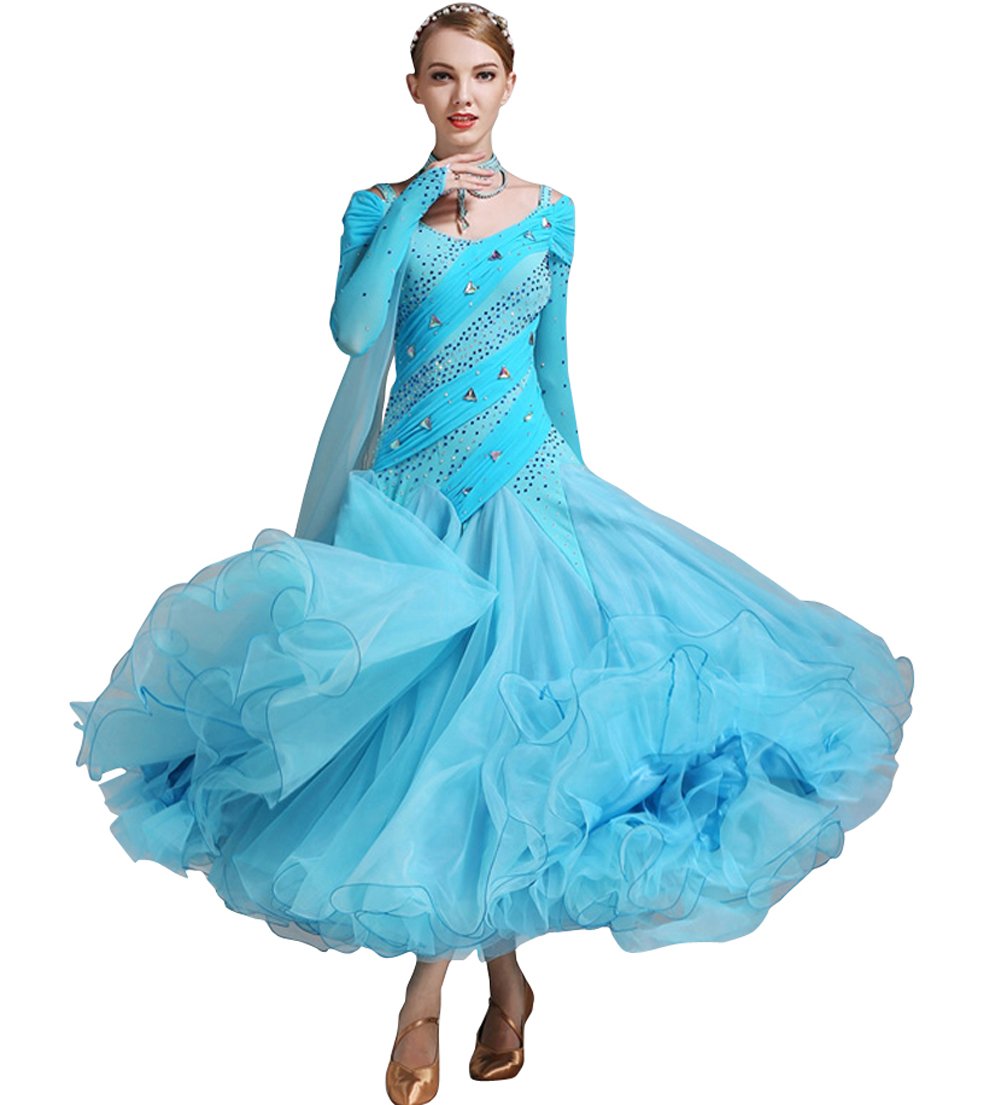 NAKOKOU Women's Ballroom Dance Dress with Long Sleeves & Diamond Embellishments - Elegant Flamenco, Waltz, Foxtrot Performance Gown for Modern Dance Competitions & Social Events