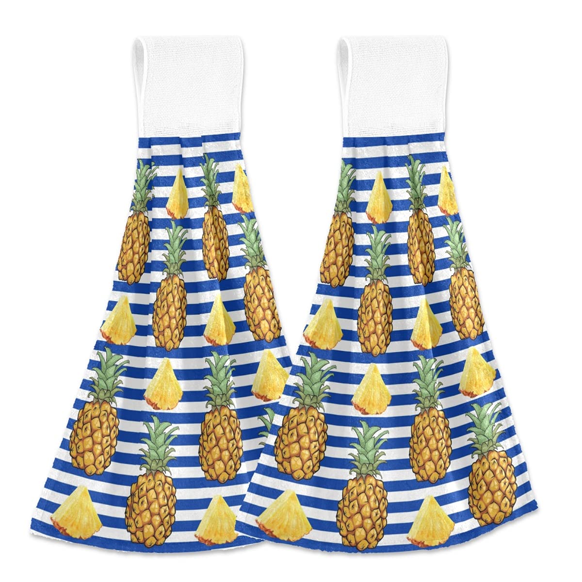 Giwawa Tropical Pineapple Kitchen Hand Towels - Set of 2 Blue & White Striped Dish Towels with Hanging Ties | Fast Drying, Soft & Absorbent Fruit-Themed Towels for Kitchen, Bathroom & Farmhouse Decor (12x17 Inches) | Perfect for Summer Parties, Beach House & Tropical-Themed Home Decor