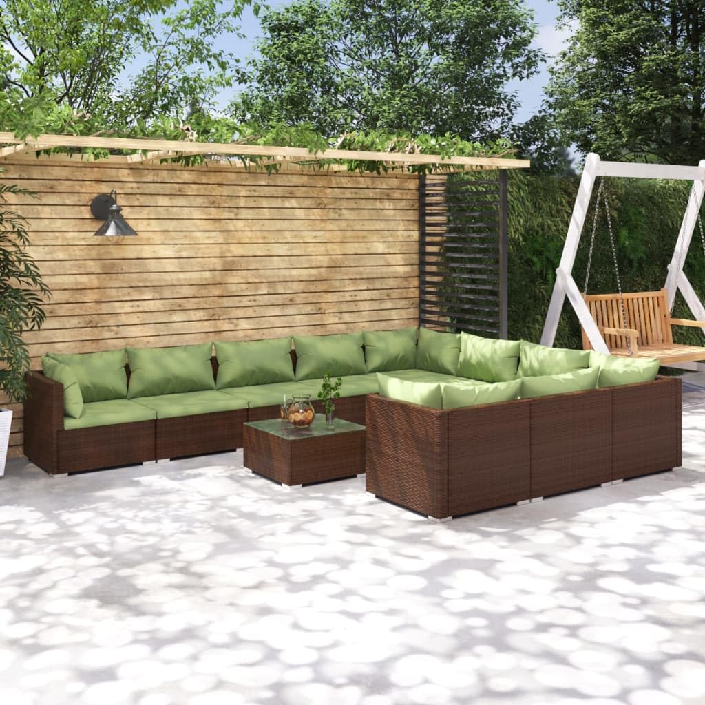 vidaXL 11-Piece Patio Lounge Set with Cushions - Durable Poly Rattan Outdoor Furniture with Steel Frame & Green Cushions - Brown - Perfect for Backyard, Garden, Poolside & Terrace Relaxation