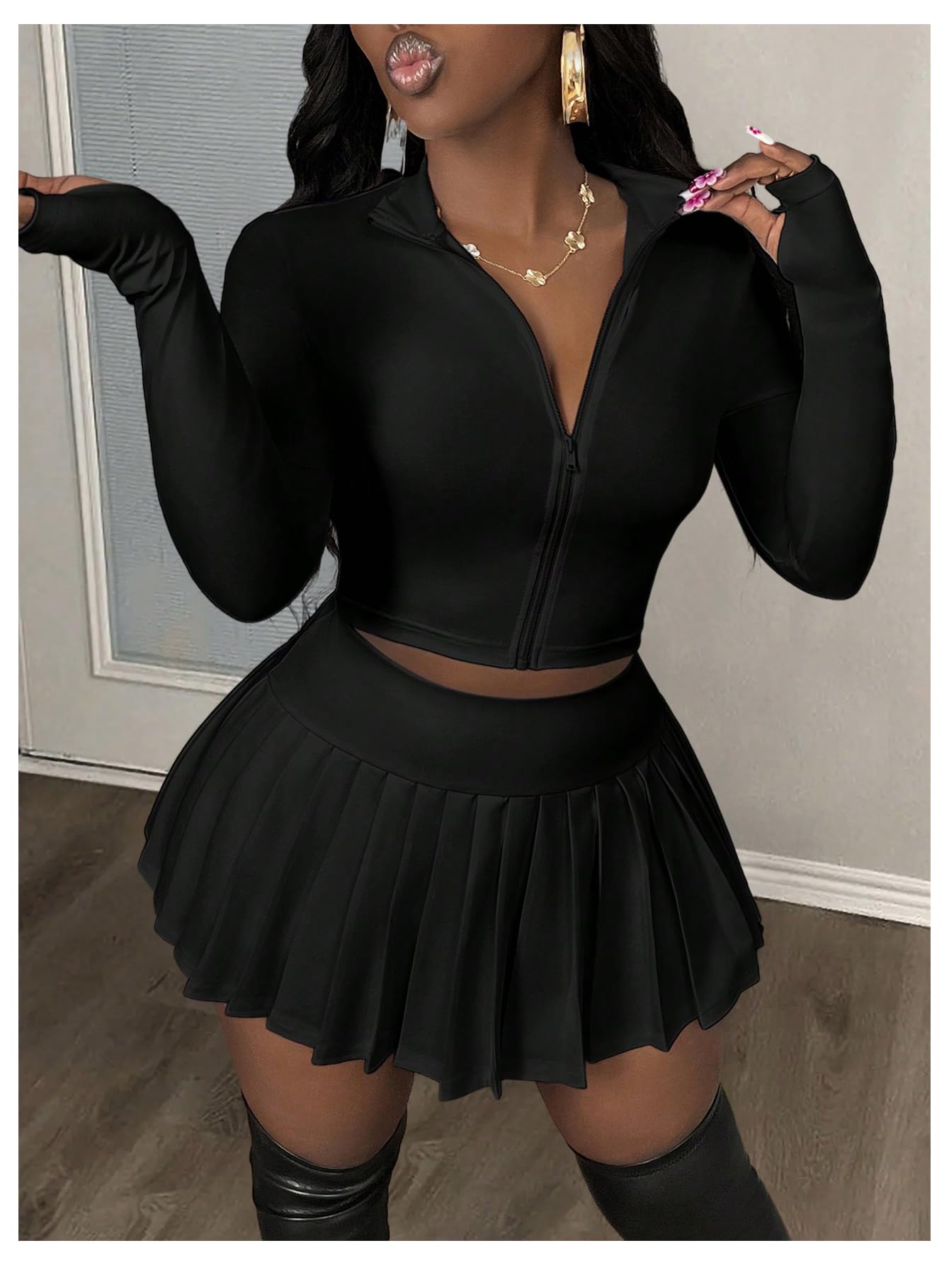SOLY HUX Women's 2 Piece Outfit Set - Long Sleeve Crop Top & Pleated Mini Skirt | Casual & Party Wear | Summer Outfits for Women | Perfect for Date Night, Club, and Office Wear