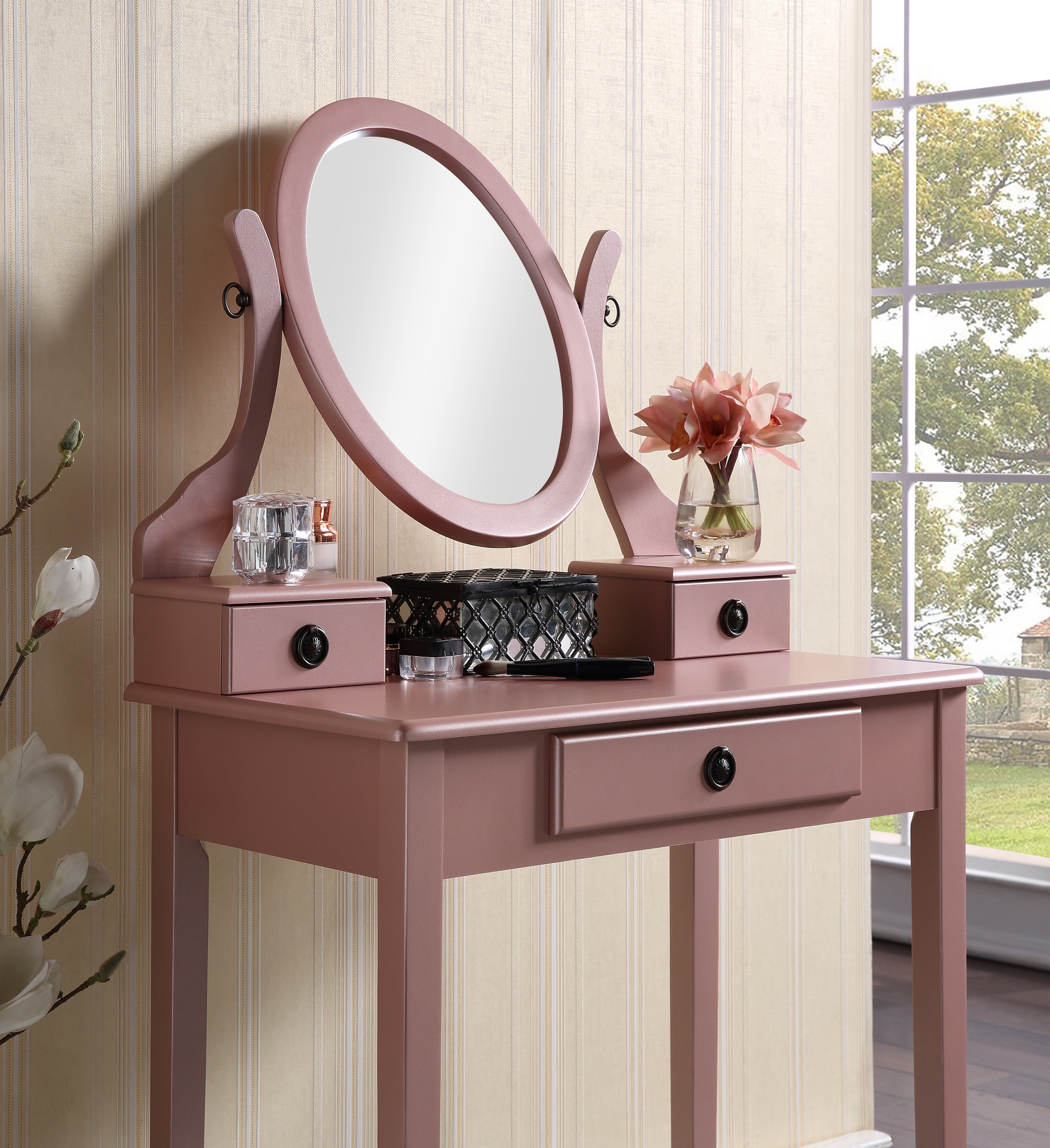 Roundhill Furniture Moniya Wood Makeup Vanity Table with Stool Set - Elegant Dressing Table for Bedroom, Bathroom & Salon Use
