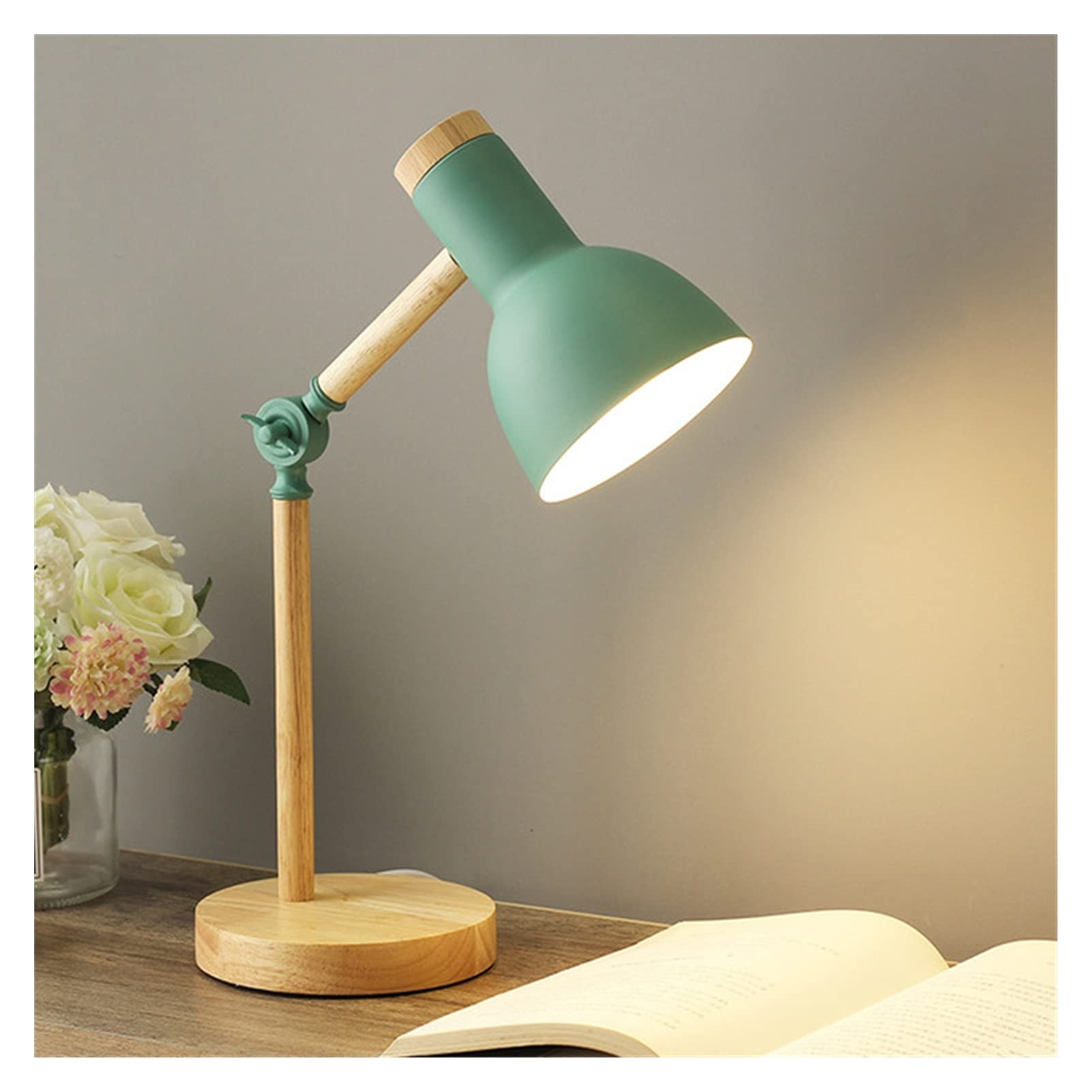 YOZUPOH Nordic Wooden LED Table Lamp - Foldable Eye Protection Reading Light, Wrought Iron Design for Bedroom, Living Room & Office (Green Body, White Light) | Perfect for Night Reading, Study & Home Decor