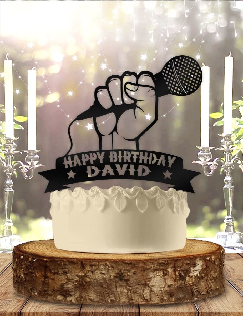 Personalized Microphone Karaoke Acrylic Cake Topper - Custom Black Birthday Cake Decoration with Name - Unique Party Cake Insert OTT140 for Birthday Celebrations & Special Events