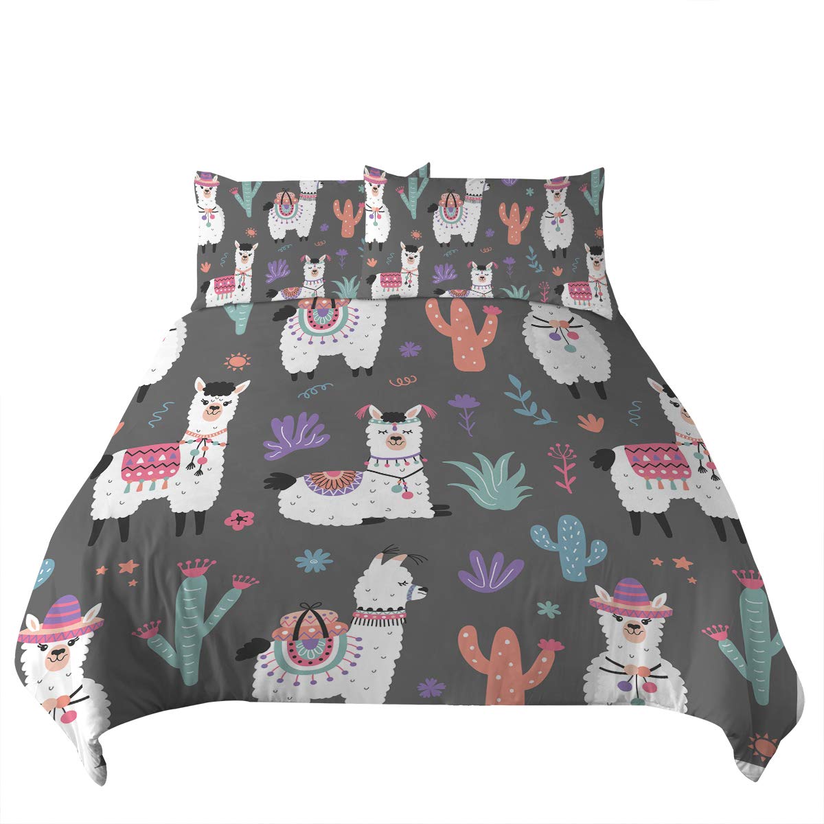 Soft Lightweight Cartoon Llama Alpaca Duvet Cover Set - Gray Boho Bedding 3 Piece Set with 1 Duvet Cover & 2 Pillowcases (Full/Queen Size) - Perfect for Kids' Rooms, Dorm Decor & Cozy Bedroom Makeovers