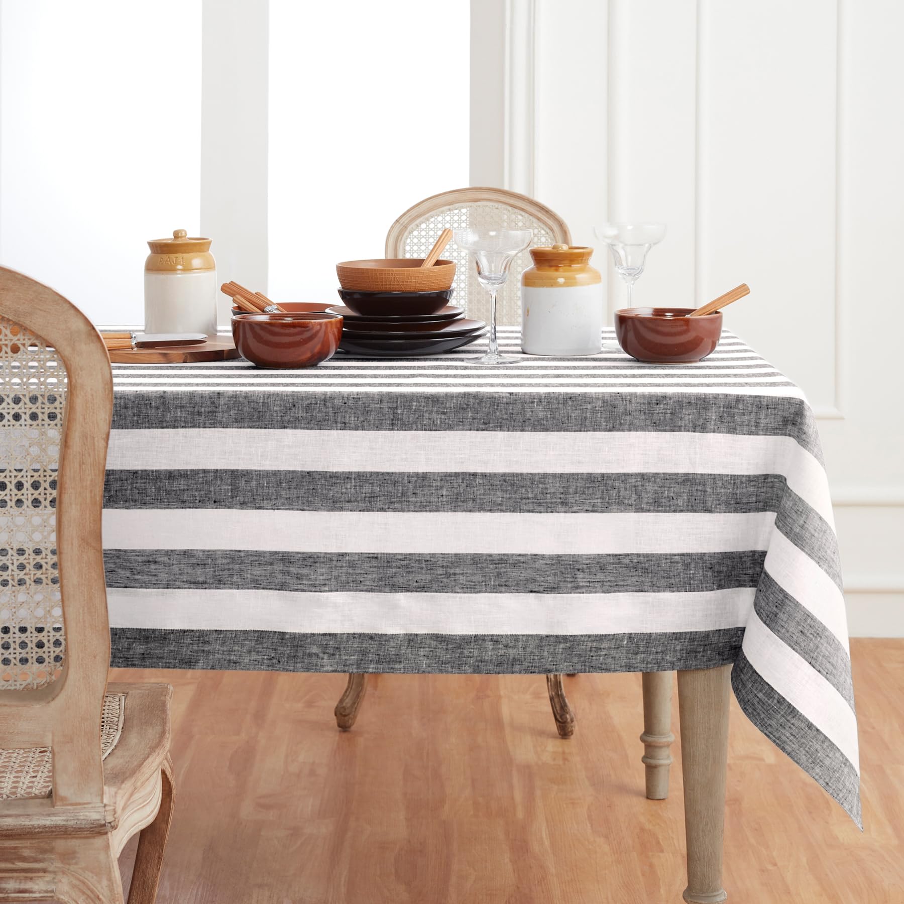 Solino Home 100% Pure Linen Tablecloth 60x108 Inch - Black & White Cabana Stripe Design | Machine Washable & Handcrafted | Perfect for Spring Decor, Easter Table Setting, Mother's Day Gift & Dining Room Elegance