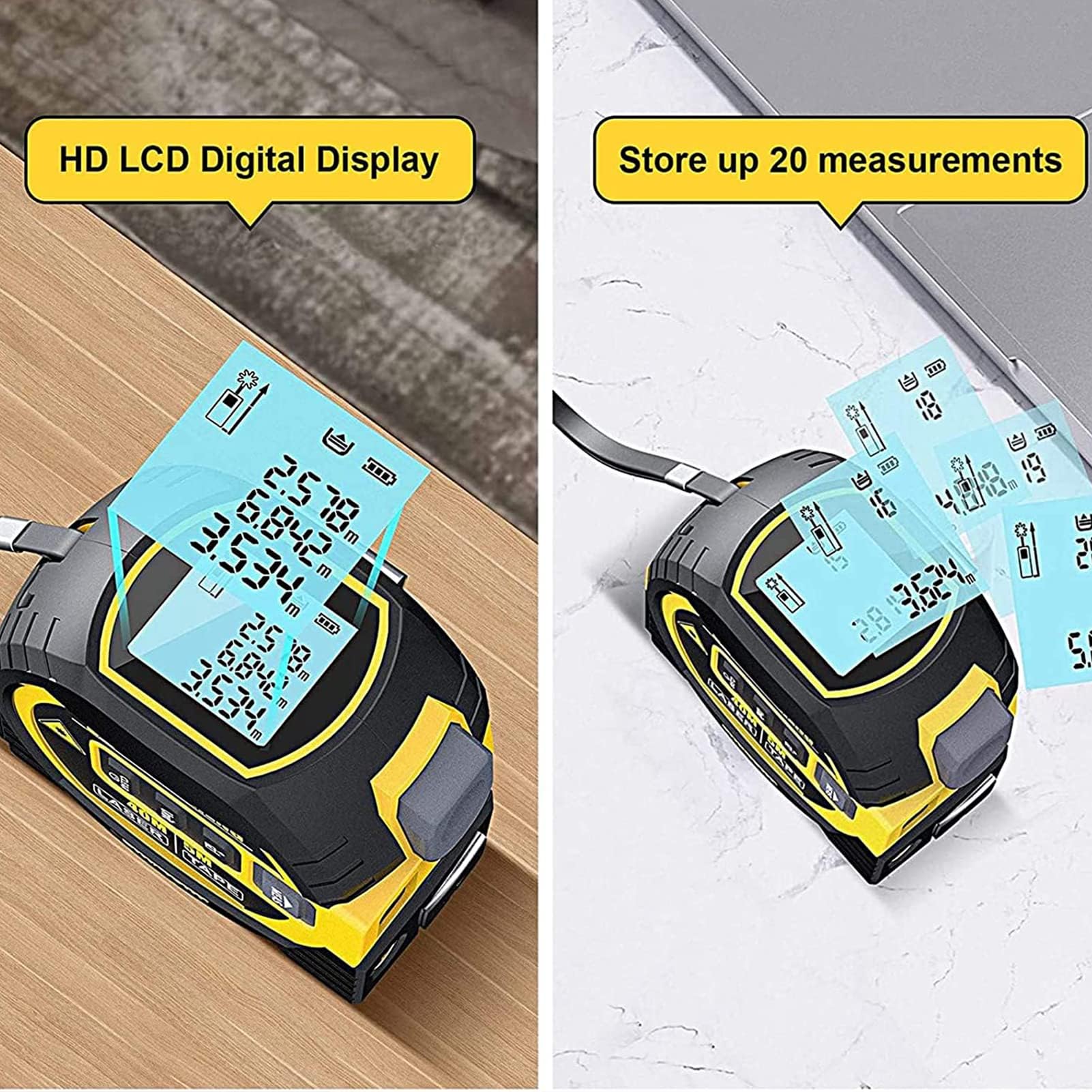 3-in-1 Laser Measuring Tape 196ft/131ft High Accuracy Digital Laser Distance Meter with 16ft Manual Tape Measure - Yellow (40m Range) for Home Improvement, Construction, DIY Projects & Interior Design
