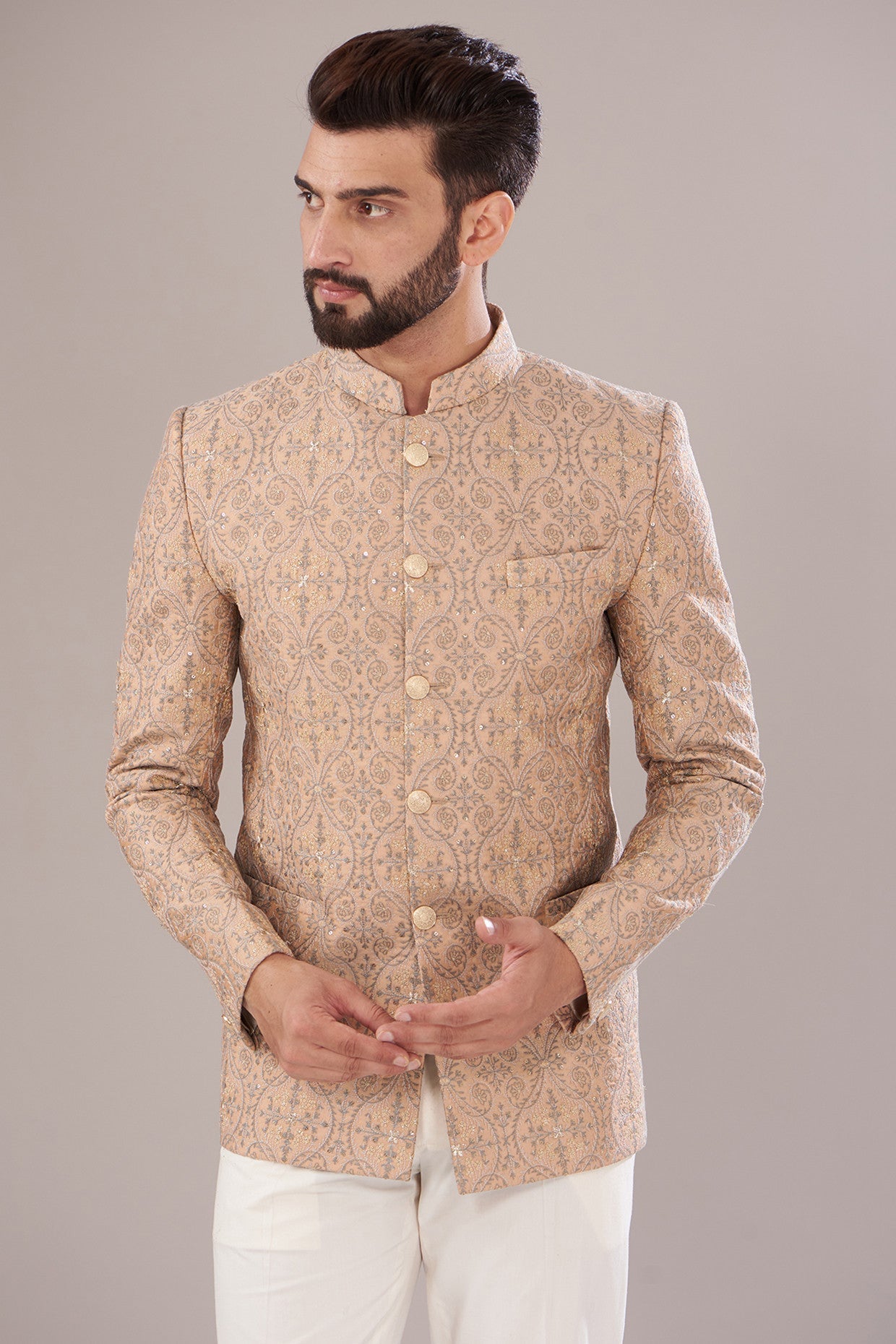 Elegant Mud Peach Chanderi Embroidered Bandhgala Jacket for Men | Traditional Indian Formal Wear | Perfect for Weddings, Parties & Special Occasions