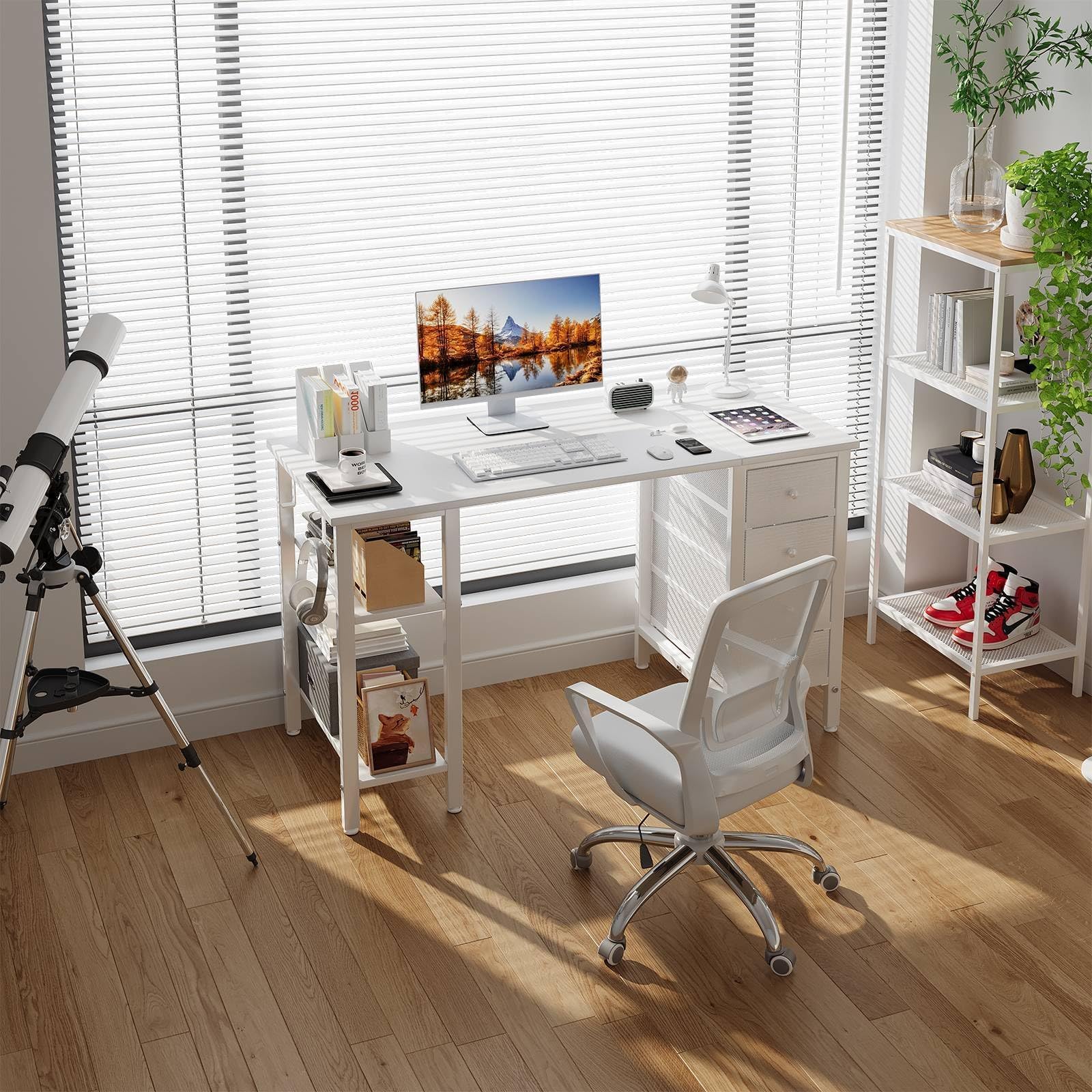 Lufeiya 47 Inch White Modern Study Desk with Drawers & Storage Shelves - Home Office Writing Table for Bedroom, Computer Workstation | Perfect for Small Spaces, Remote Work & Online Classes