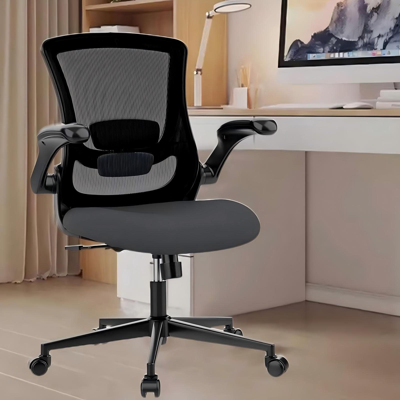 Ergonomic Office Chair with Adjustable Armrests & Lumbar Support - Breathable Mesh Back Computer Desk Chair for Home Office, Gaming, Study & Workstation (Black) - Perfect for Long Hours Sitting Comfort