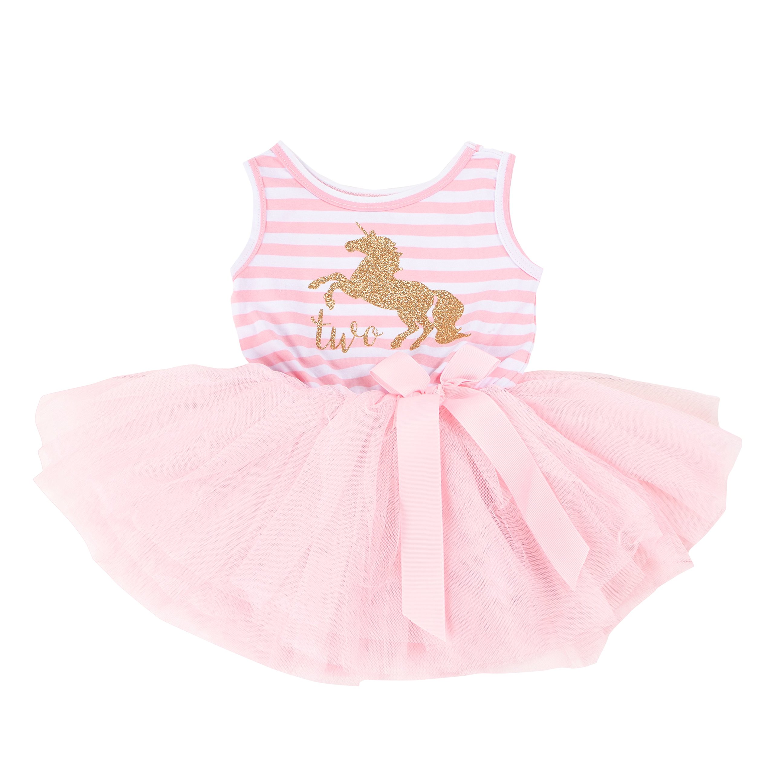 Grace & Lucille Pink Striped Sleeveless Baby Birthday Dress - Unicorn Gold 2T | 2nd Birthday Outfit for Girls | Perfect for Photoshoots, Parties & Special Occasions