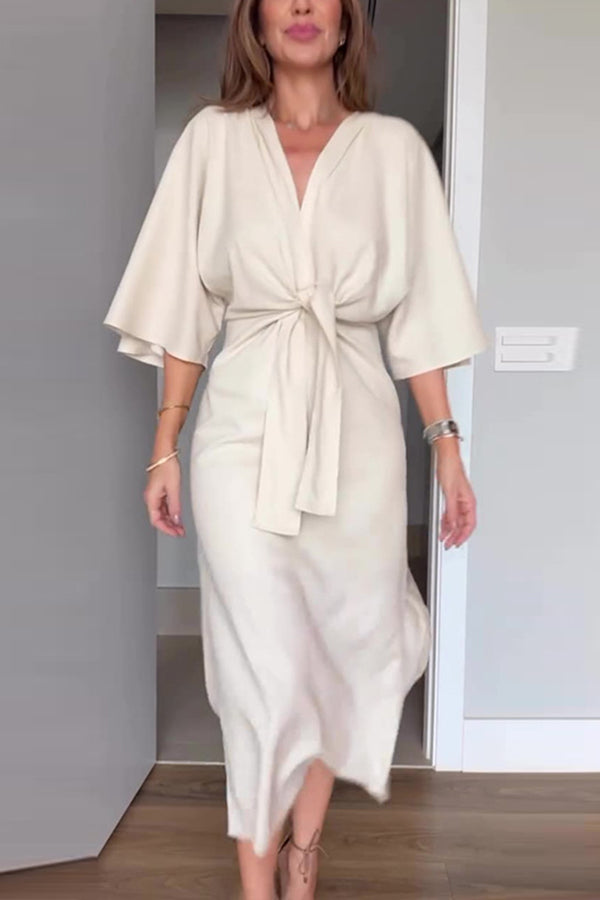 Solid Color V-Neck Half Sleeve Casual Waist-Tied Midi Dress for Women - Perfect for Summer Outings, Beach Vacations & Date Nights