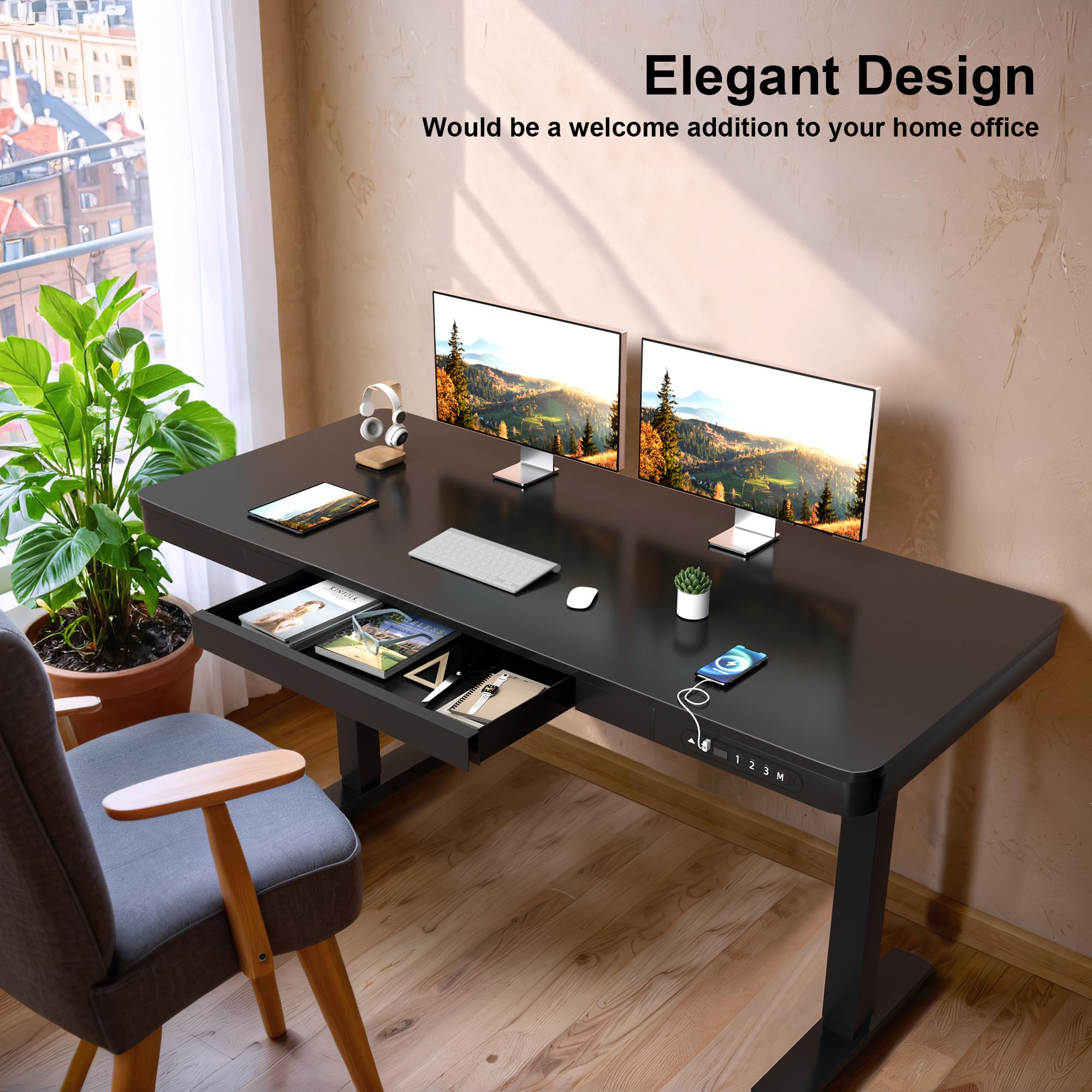 Furmax 55 x 24 Inch Electric Standing Desk with Drawer - Adjustable Height Home Office Computer Desk with USB Ports, Black - Perfect for Remote Work & Ergonomic Workspace Setup