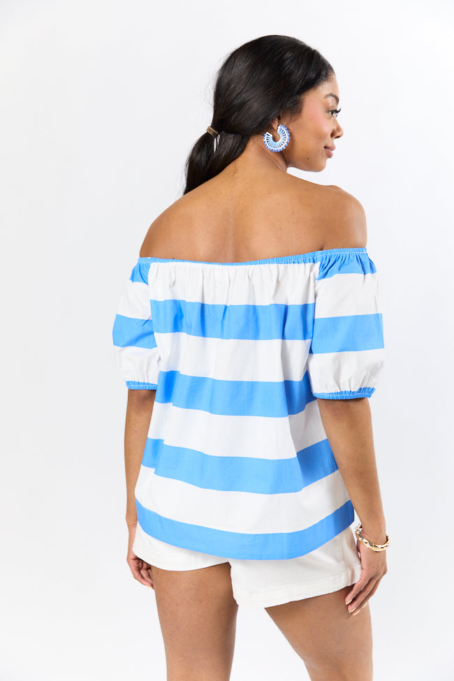 Never Want To Leave Blue Oversized Stripe Off The Shoulder Top - Women's Fashion Trendy Casual Blouse for Summer Beach & Date Night Outfits