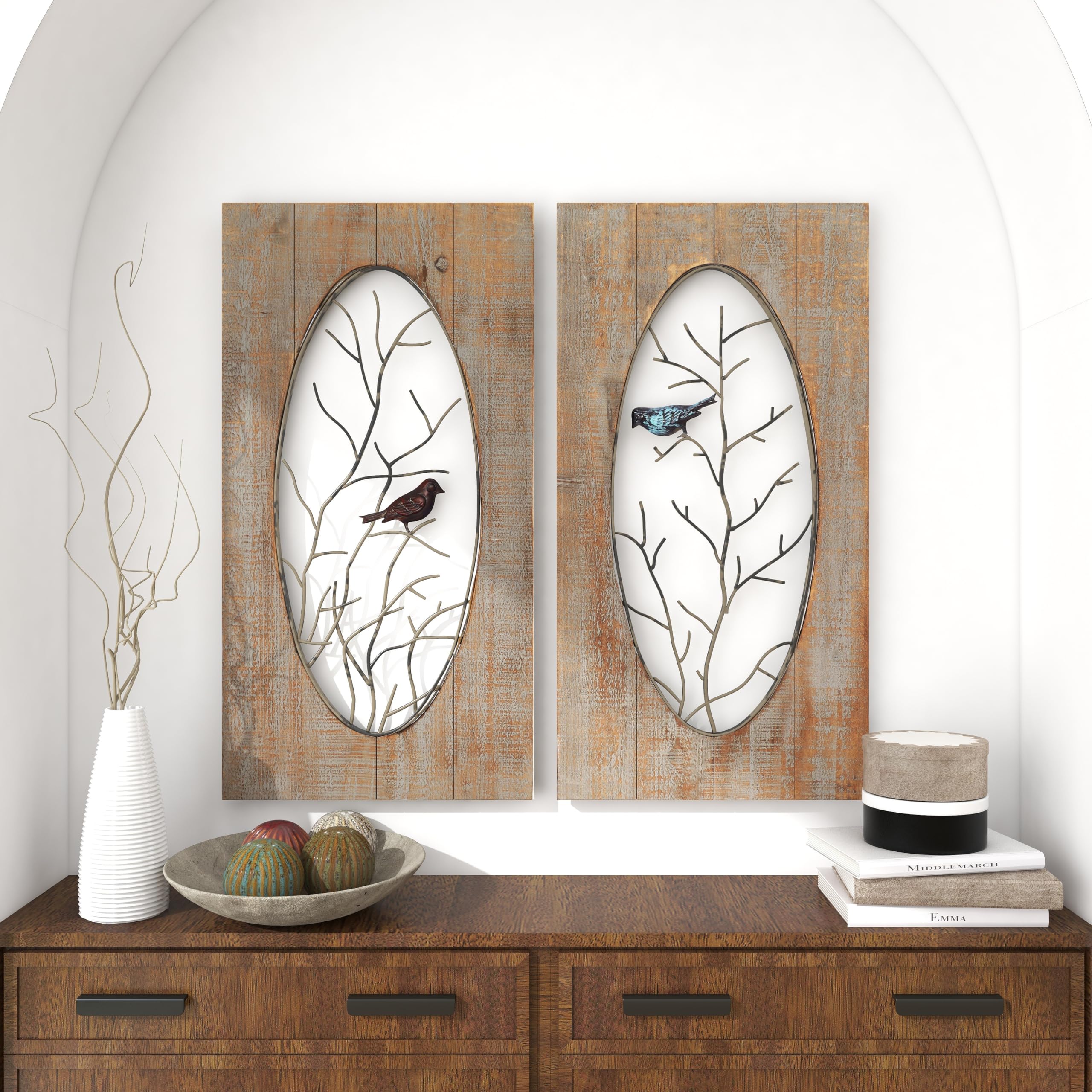 Deco 79 Wooden Bird House Wall Decor - Set of 2 Natural Branch Wall Sculptures 18x1x36 Inches, Rustic Brown Home Art - Perfect for Living Room, Bedroom & Farmhouse Decor