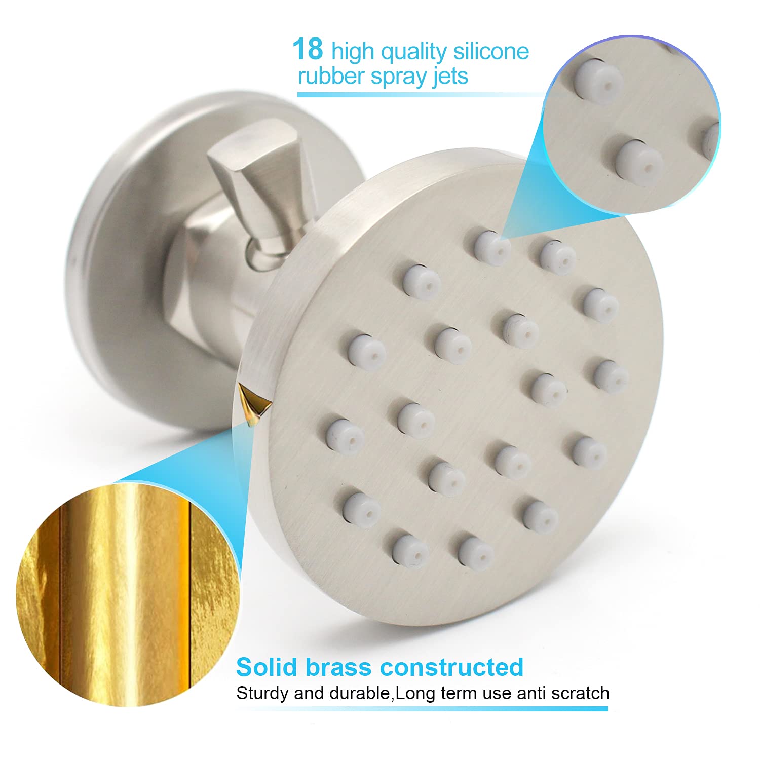 Upgraded Solid Brass Round Shower Spray Jets - 6 Pack Wall Mounted Adjustable Body Massage Sprayer with On/Off Switch & Water Control Valve in Brushed Nickel - Perfect for Spa-Like Bathroom Experience & Luxury Shower Upgrades