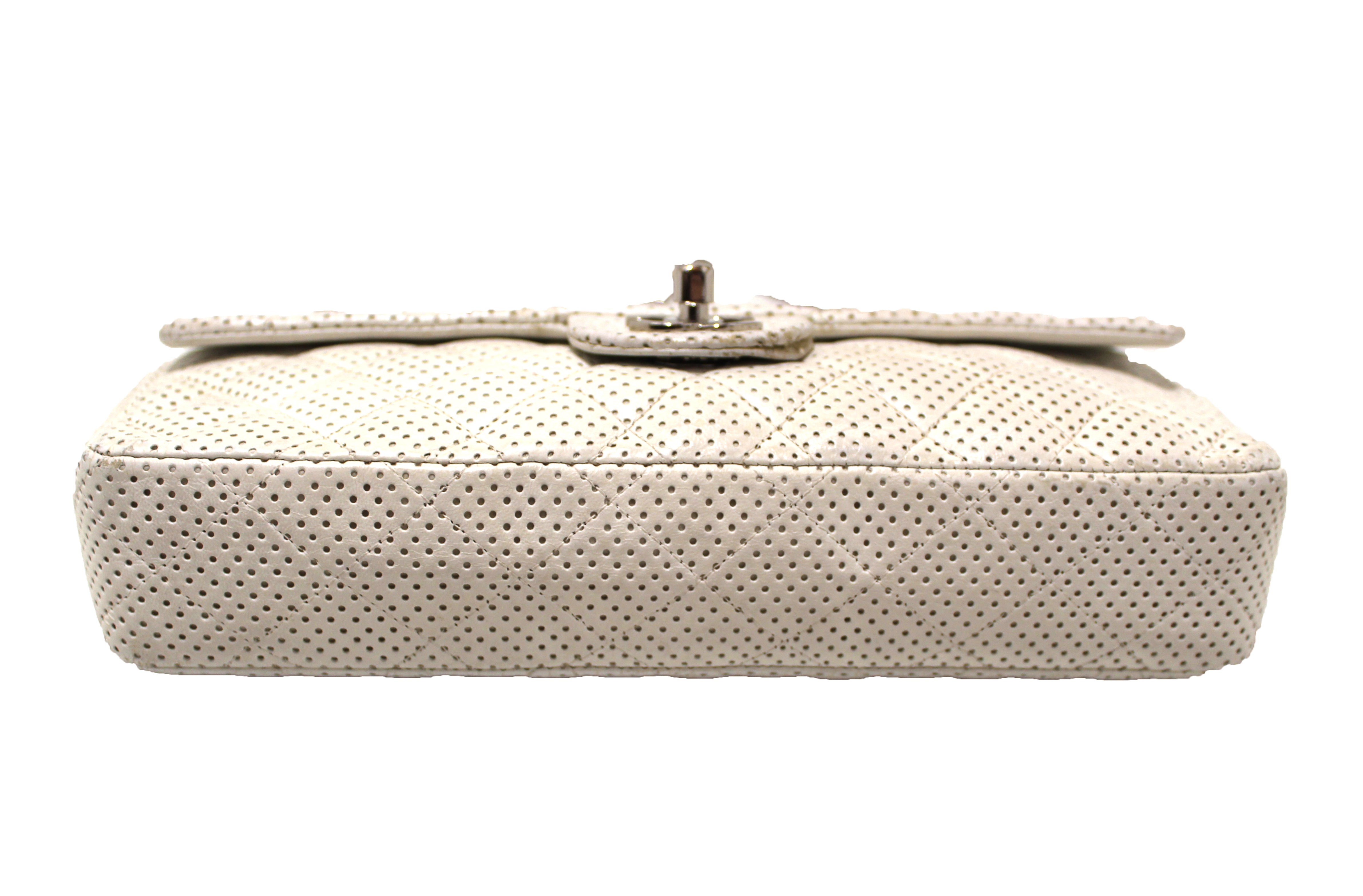 Authentic Chanel Quilted Perforated White Lambskin East West Flap Shoulder Bag - Luxury Designer Handbag for Women, Perfect for Parties, Weddings & Everyday Elegance