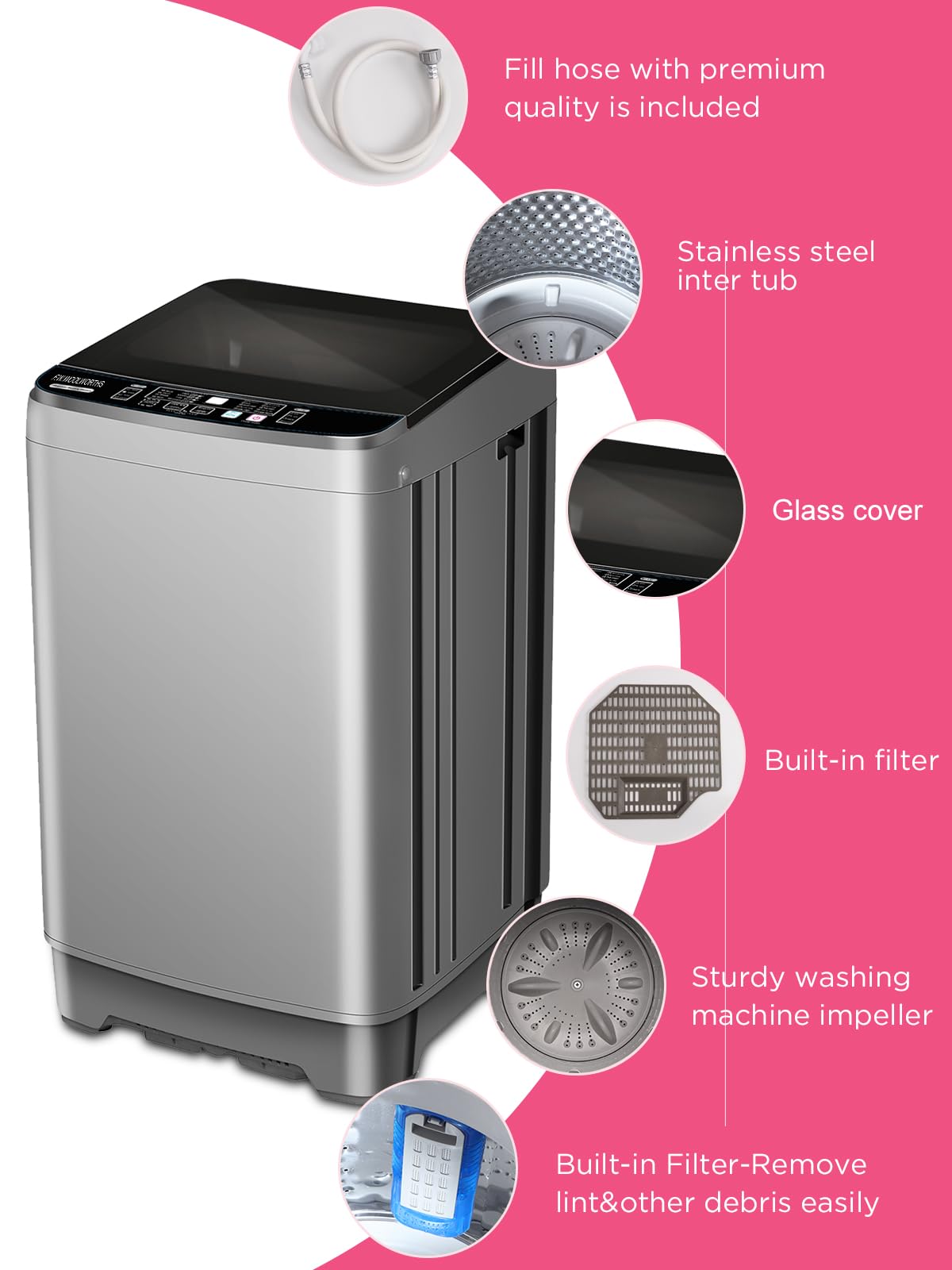 25 lbs Full-Automatic Washing Machine with LED Display, Laundry Washer with Drain Pump, 10 Wash Programs & 8 Water Levels, Grey - Perfect for Apartments, Dorms, RVs, and Small Spaces