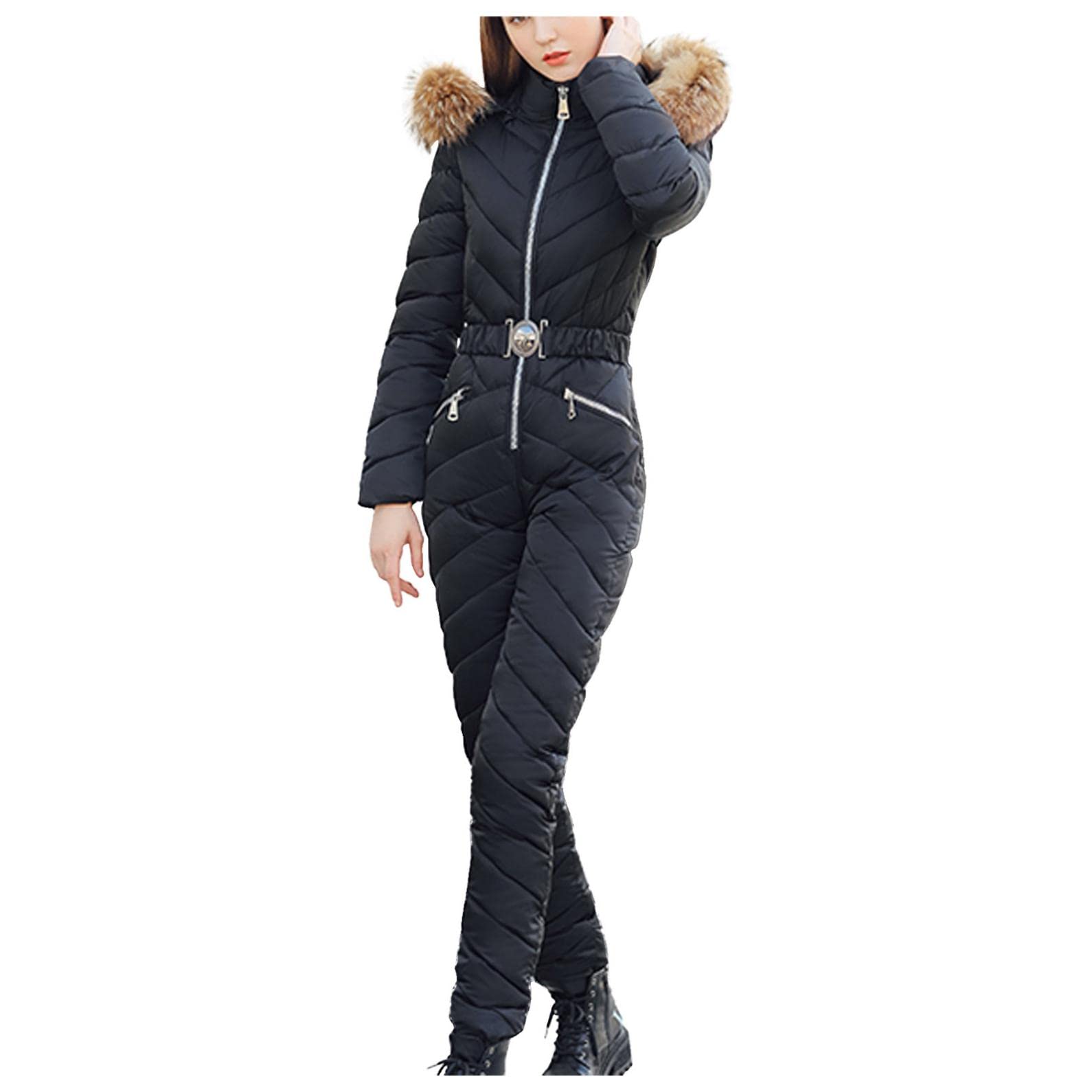 Women's Winter Ski Jumpsuit - Thick Warm Snowsuit with Removable Fur Collar for Outdoor Sports & Skiing | Perfect for Snowboarding, Winter Hiking & Cold Weather Activities