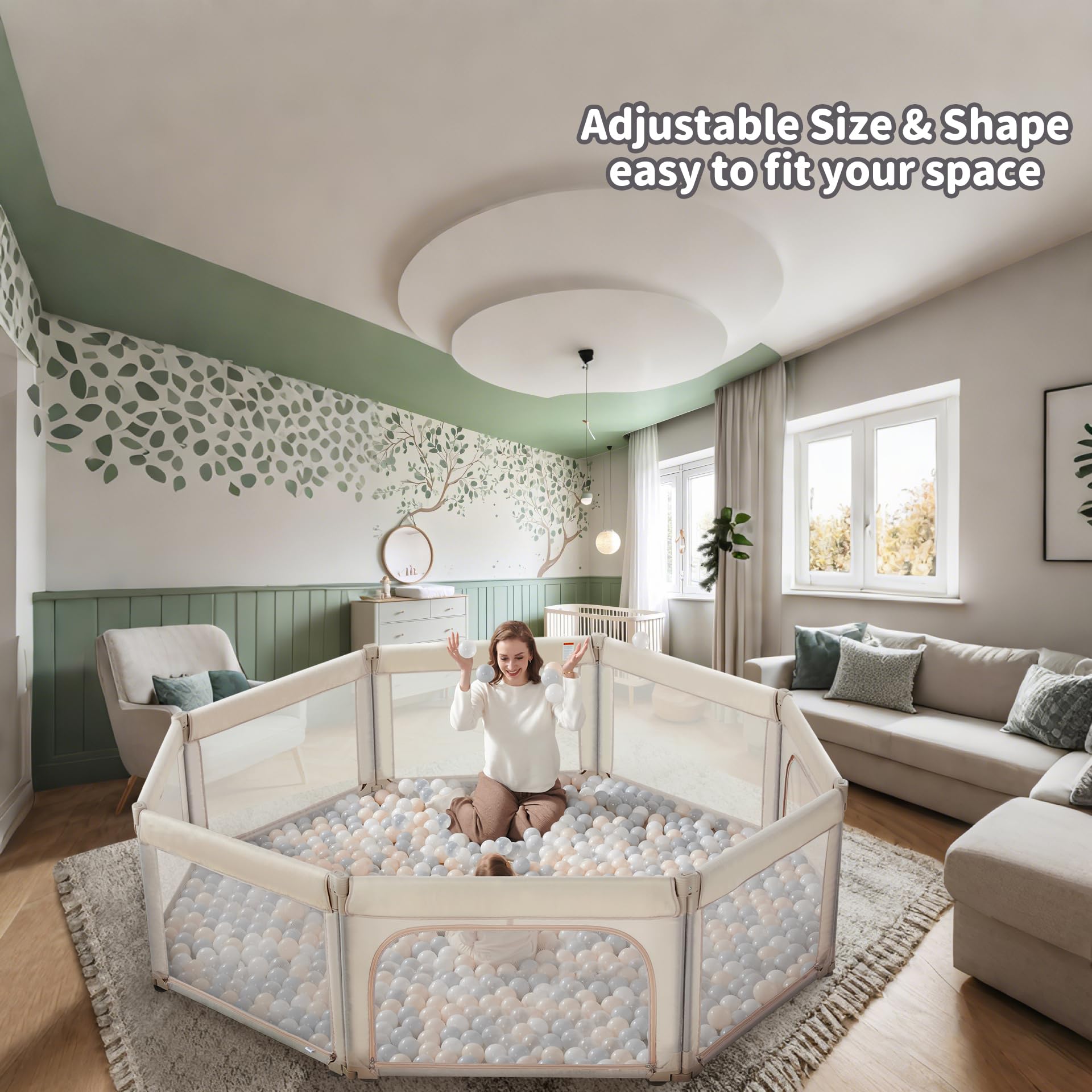 Doradotey Adjustable Baby Playpen - Large & Small Foldable Playard for Infants & Toddlers, Breathable Mesh Anti-Fall Play Yard with Shape-Changing Design (71x79 Inches, Khaki) - Perfect for Indoor Play Centers, Nursery Rooms & Backyard Safety