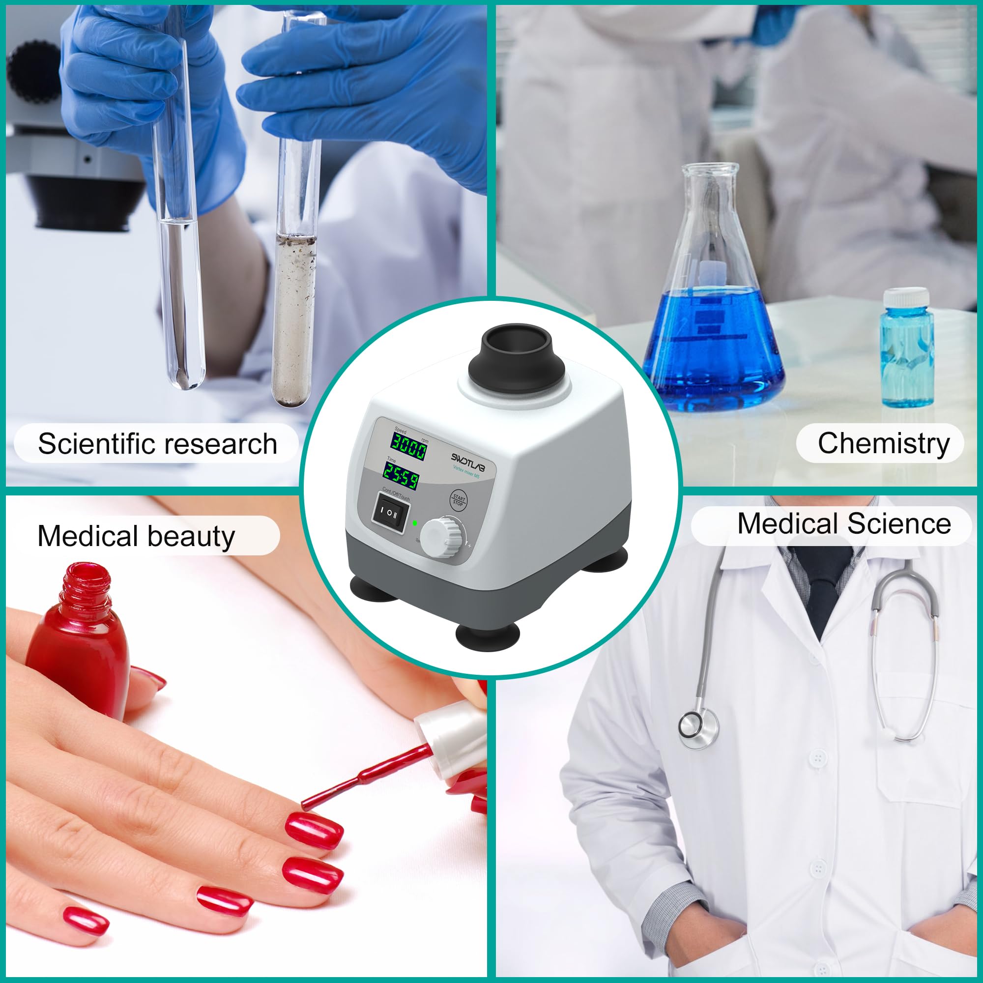 **Lab Vortex Mixer - Adjustable Speed 400-3000 RPM with LED Display, Touch & Continuous Function - Ideal for Acrylic Paints, Nail Polish & Lab Tubes - Perfect for DIY Crafts, Nail Art & Scientific Experiments**