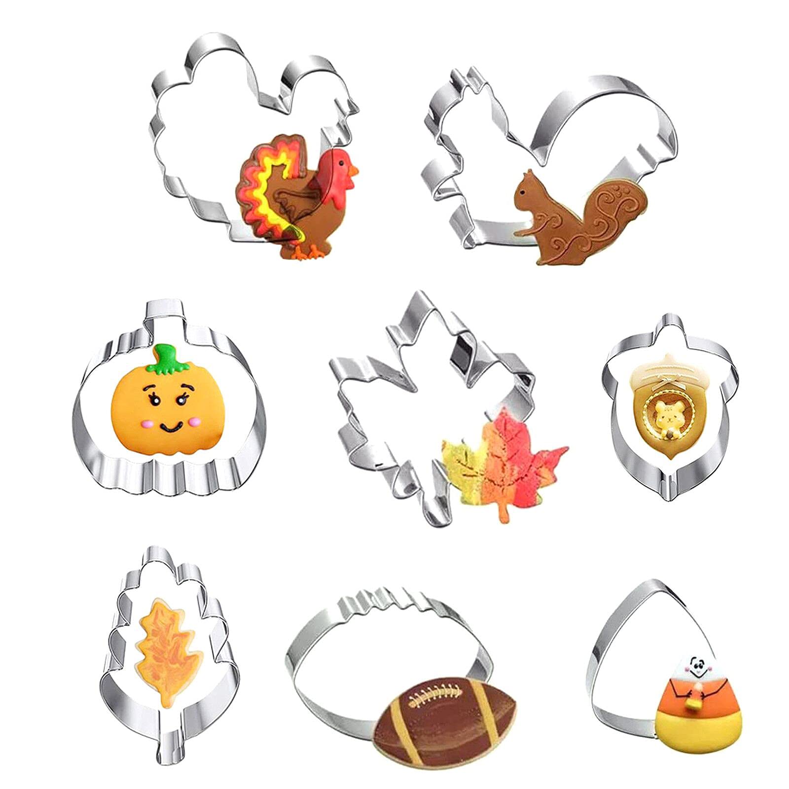 Fall Thanksgiving Cookie Molds 8 Pcs - Stainless Steel Autumn Leaf & Pumpkin Shaped Cookie Cutters for Baking - Perfect for Holiday Cookies, DIY Desserts, and Seasonal Party Treats