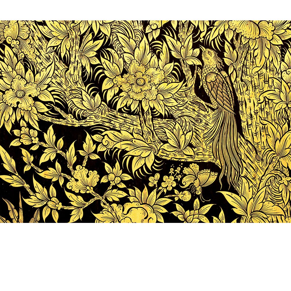 Wall26 - Black and Gold Thai Temple Fresco Wall Mural - Peacock in Tree with Blooming Flowers Design - Removable Sticker for Home Decor - 100x144 inches - Perfect for Living Room, Bedroom, or Office Wall Art