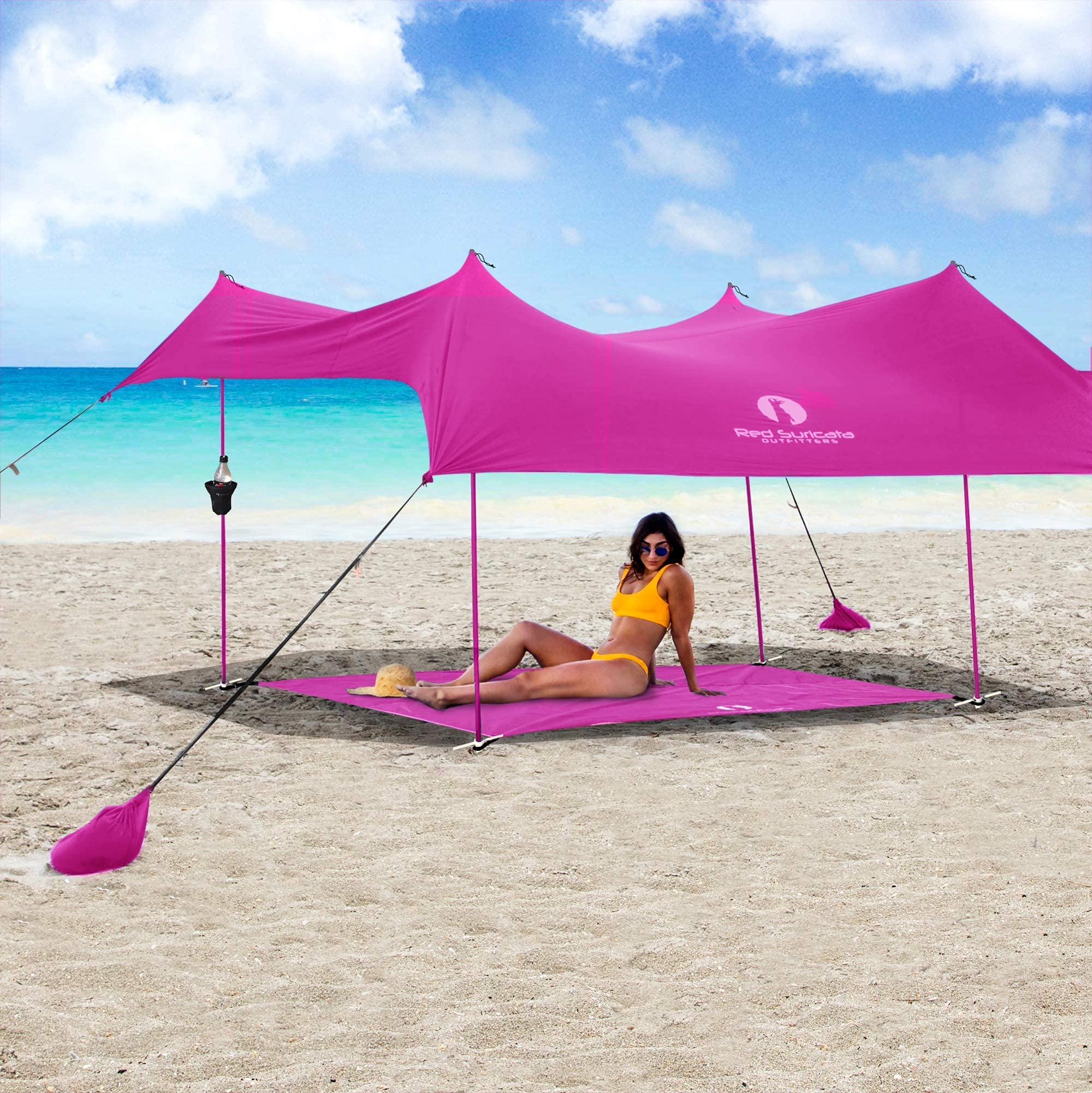 Red Suricata Family Beach Tent & Canopy with Sand-Free Mat & 2 Cup Holders - UPF50 UV Sun Shelter (Large, Pink) for Beach, Picnic, Camping & Outdoor Activities