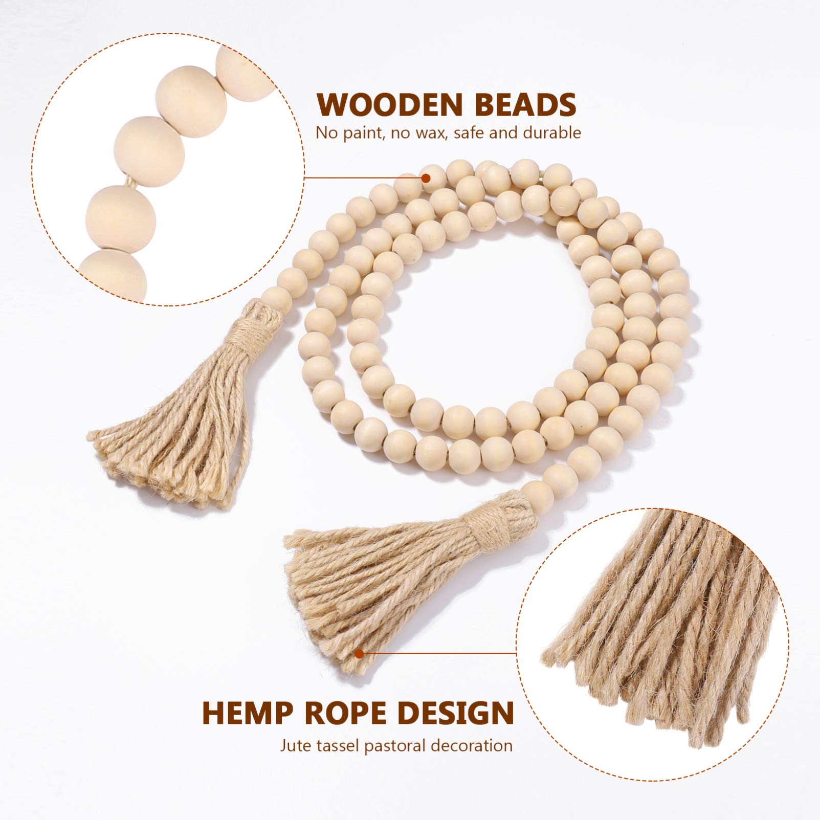 63 Inch Rustic Wood Beads Garland with Tassels - Farmhouse Country Wall Hanging Decor, Prayer Beads for Boho Home, Wedding, Christmas & Mantel Decoration