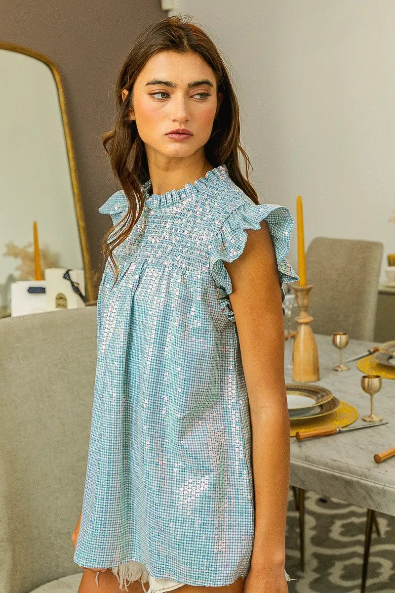 BiBi Clear Sequin All Over Gingham Smocked Top - Trendy Women's Blouse for Party, Holiday & Special Occasions