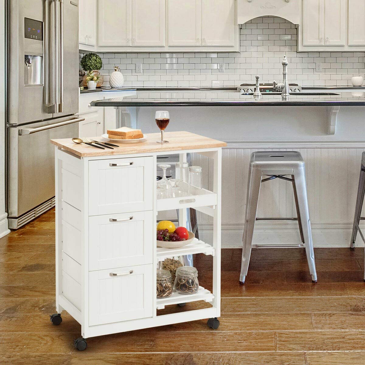 3-Tier Rolling Kitchen Island Cart with Wheels & Storage Drawers - Industrial Wood Serving Cart, Mobile Storage Cabinet for Kitchen, Dining Room, or Bar - White