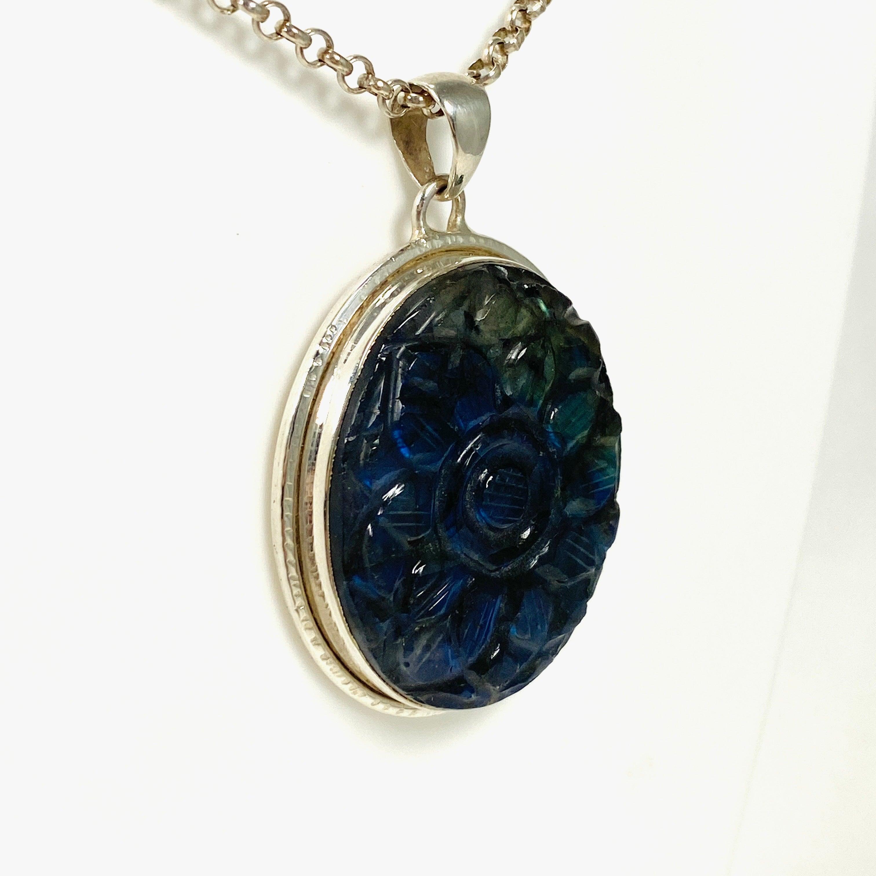 Natural Labradorite Oval Flower Carved Pendant KPGJ2509 - Elegant Jewelry for Women, Perfect for Gifts, Parties & Special Occasions