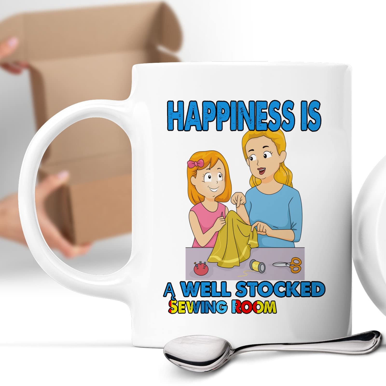 Funny Coffee Mug - 'Happiness Is A Well Stocked Sewing Room' Gift for Sewing Enthusiasts, Family, Coworkers - Perfect for Holidays, Birthdays & New Year - Great for Craft Rooms, Office & Home Use