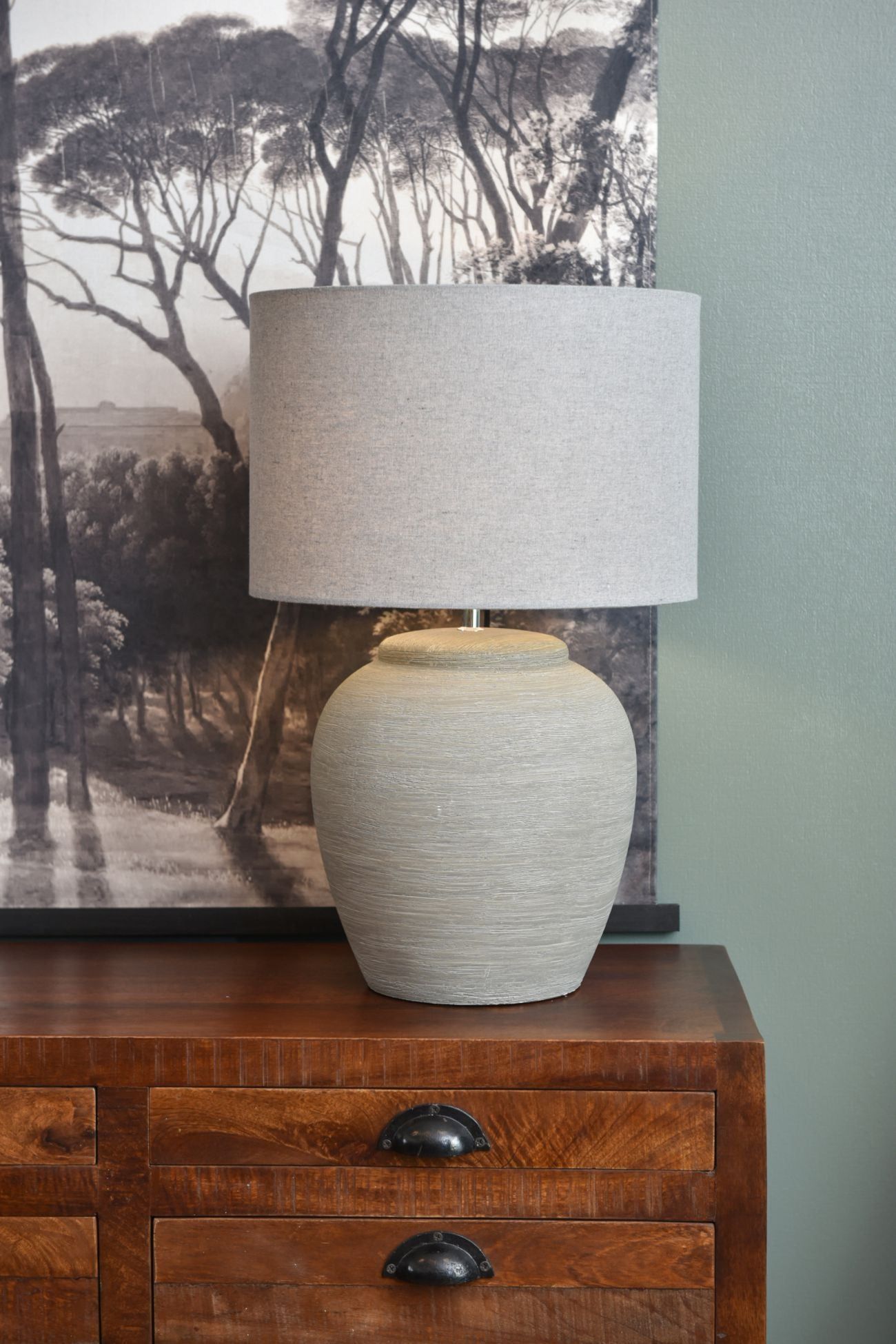 Elegant Baslow Etched Grey Ceramic Table Lamp with Fabric Shade - Small & Large Size for Bedroom, Living Room, or Office Decor