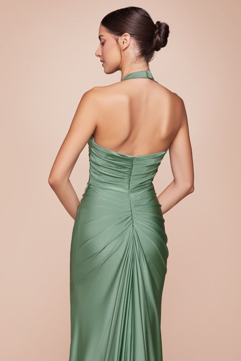 Dark Sage Stretch Spandex Satin Halter Fitted Dress - Elegant Autumn Gown for Evening Parties & Special Occasions