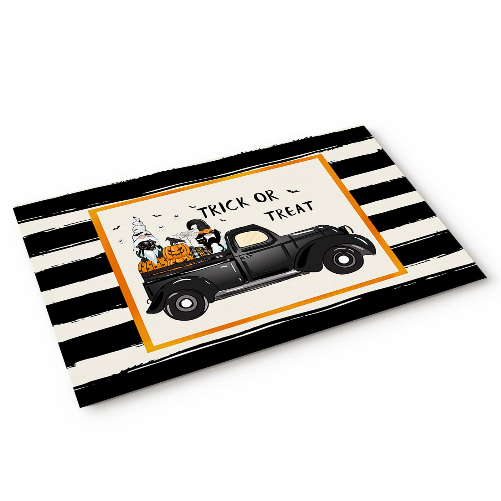 Non-Slip Halloween Truck Gnome Doormat - 23.6x15.7 Inch Rubber Entryway Mat for Front Door, Patio & Indoor Use - Machine Washable Black Striped Low-Profile Rug - Perfect for Fall Decor, Porch Welcome & Home Entry Protection