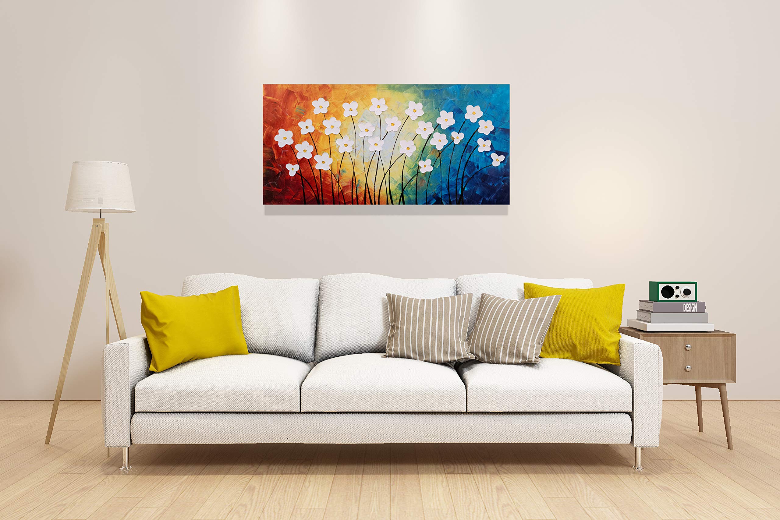Hand Painted 3D Canvas Oil Painting - Modern Large Floral Wall Art in Light Blue, Yellow, Red & White | Yihui Arts Home Decor for Living Room, Bedroom, Nursery | Perfect for Housewarming Gifts & Interior Design
