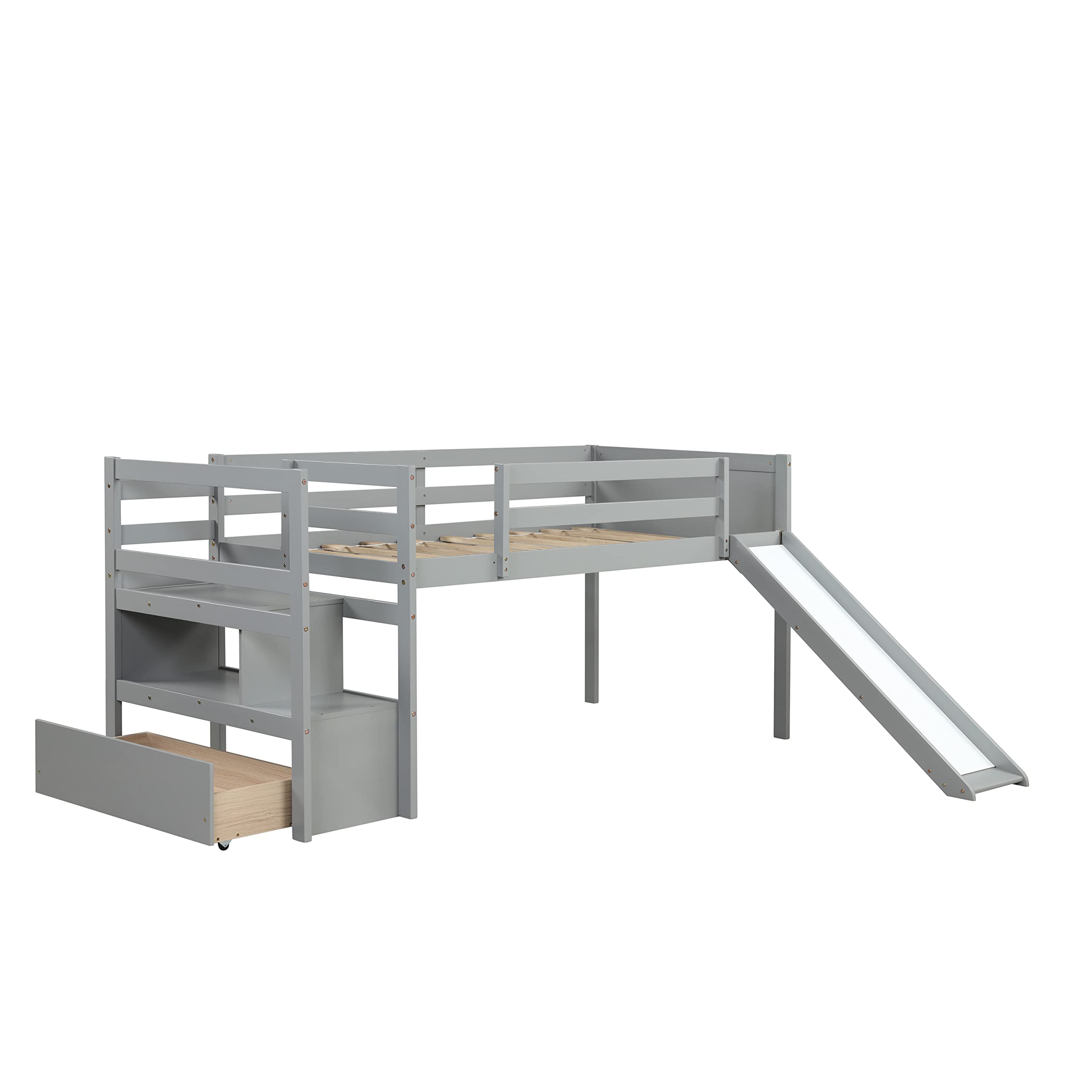 Twin Loft Bed with Slide, Wooden Storage Staircase & Drawers - Space-Saving Kids & Teens Bedroom Furniture - Perfect for Small Rooms, Dormitories & Shared Spaces - No Box Spring Required