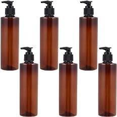 R K Bottles 200 Amber Secure Bottles with Black Pump Dispenser - 6 Pack Refillable Empty Containers for Essential Oils, Lotions & DIY Liquids | Perfect for Home, Salon & Travel Use