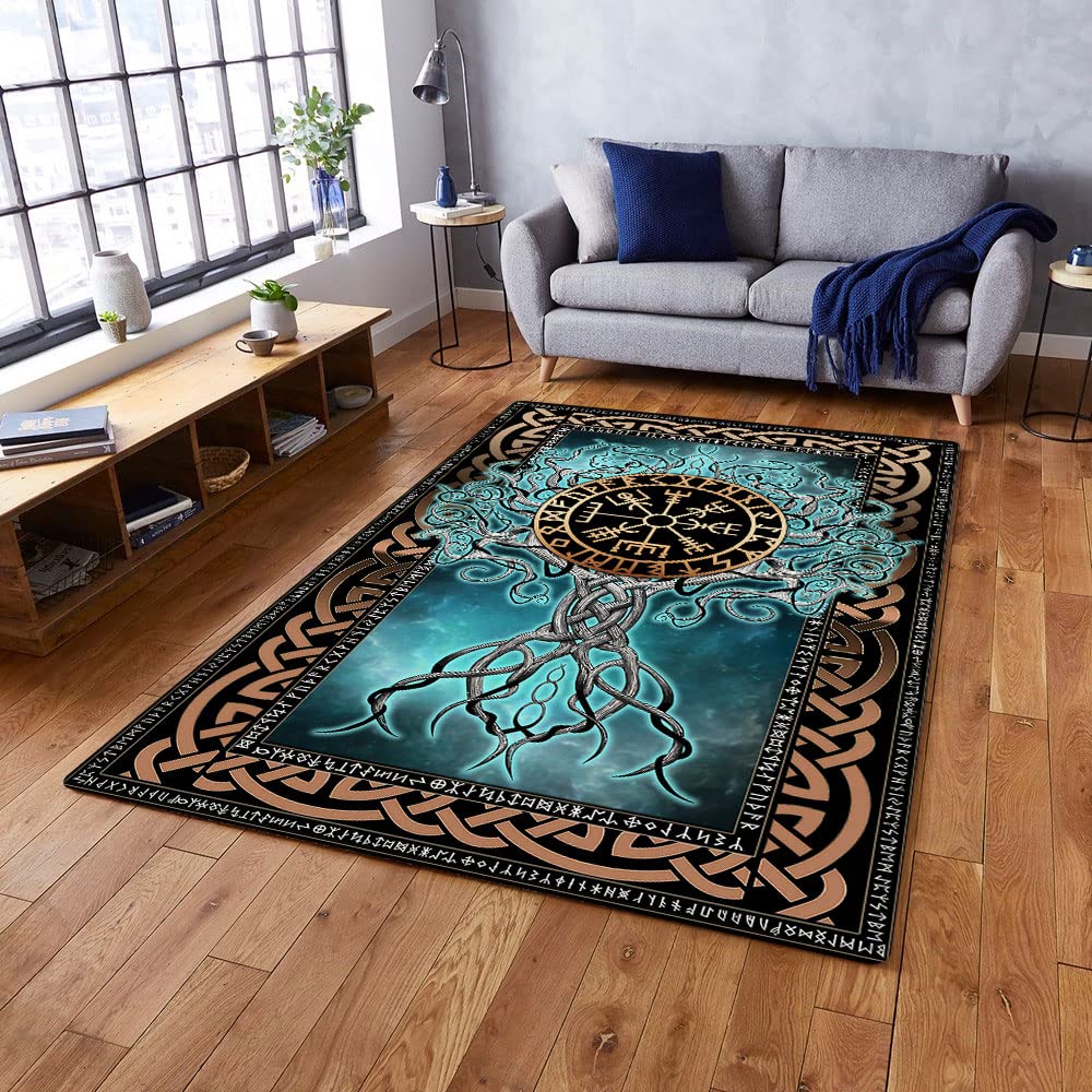 GEEMBI 5x8 Tree of Life Norse Viking Blue Area Rug - Soft Living Room Rug, Bedroom & Dining Room Decor - Perfect Gift for Men - Home Aesthetic & Nordic Style Decorating